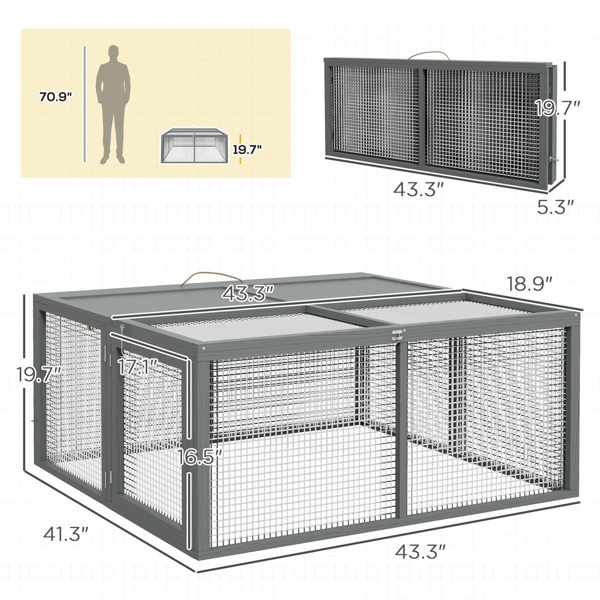 Wooden Folding Rabbit Hutch, for 2-3 Rabbits - Gray