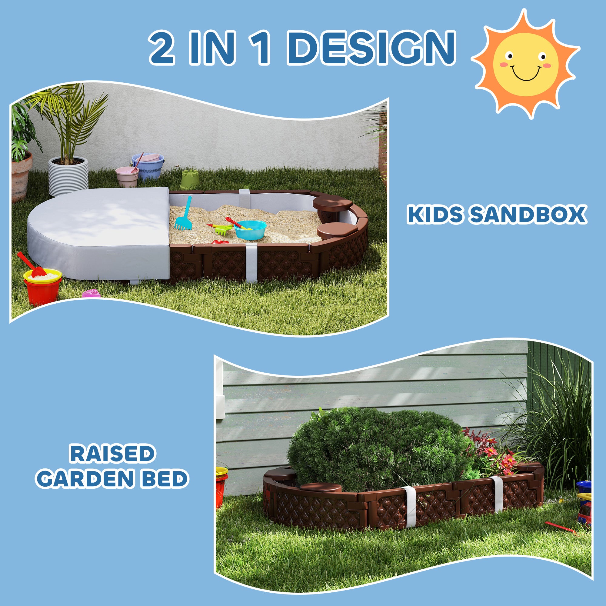 Kids Sandbox with Cover, 4 Corner Seats, Bottom Liner for Backyard, Garden, Outdoor, 71" x 42" W x 9", Dark Brown