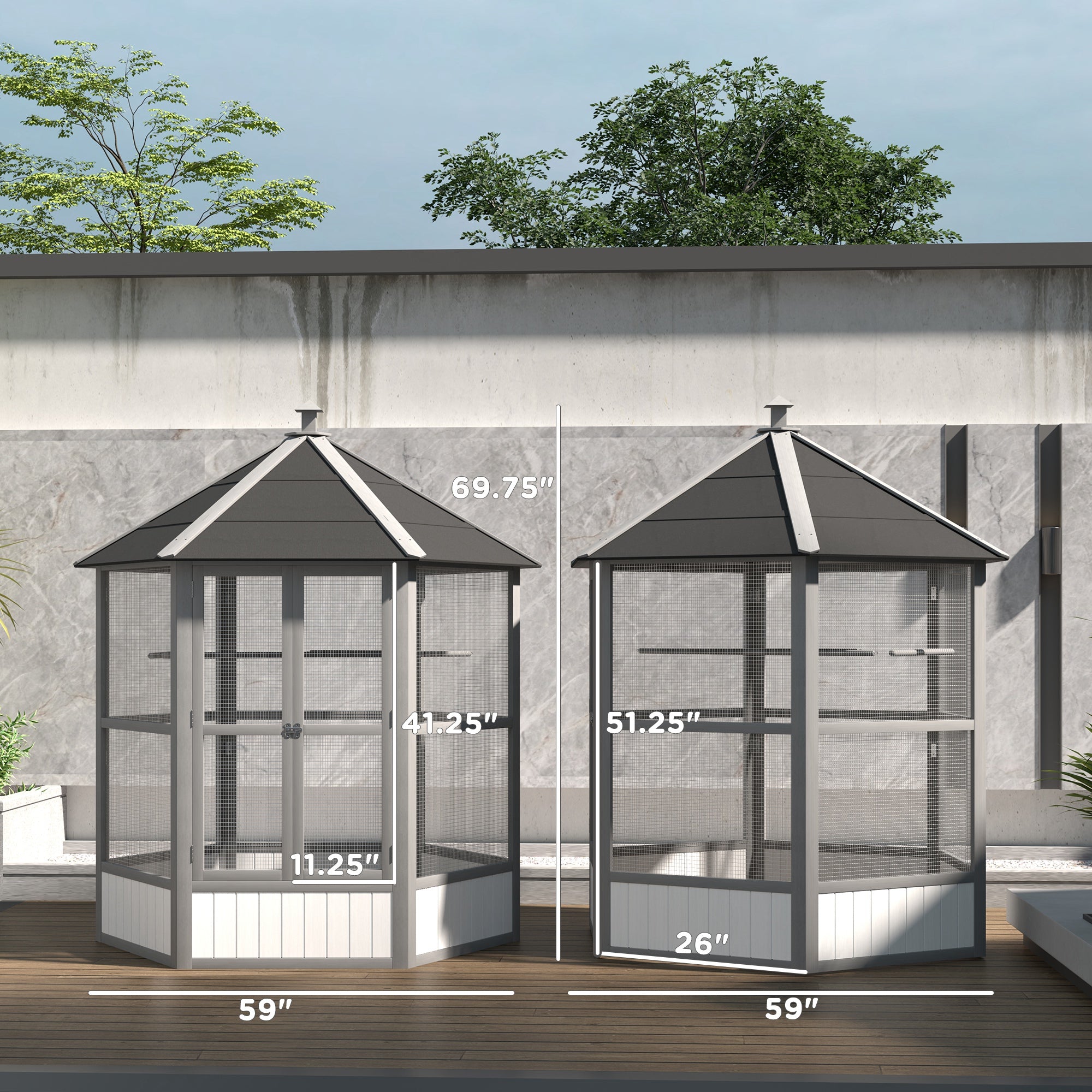 69" Wooden Hexagonal Outdoor Aviary Flight Bird Cage With Covered Roof, Light Gray - Light Gray - Image 3