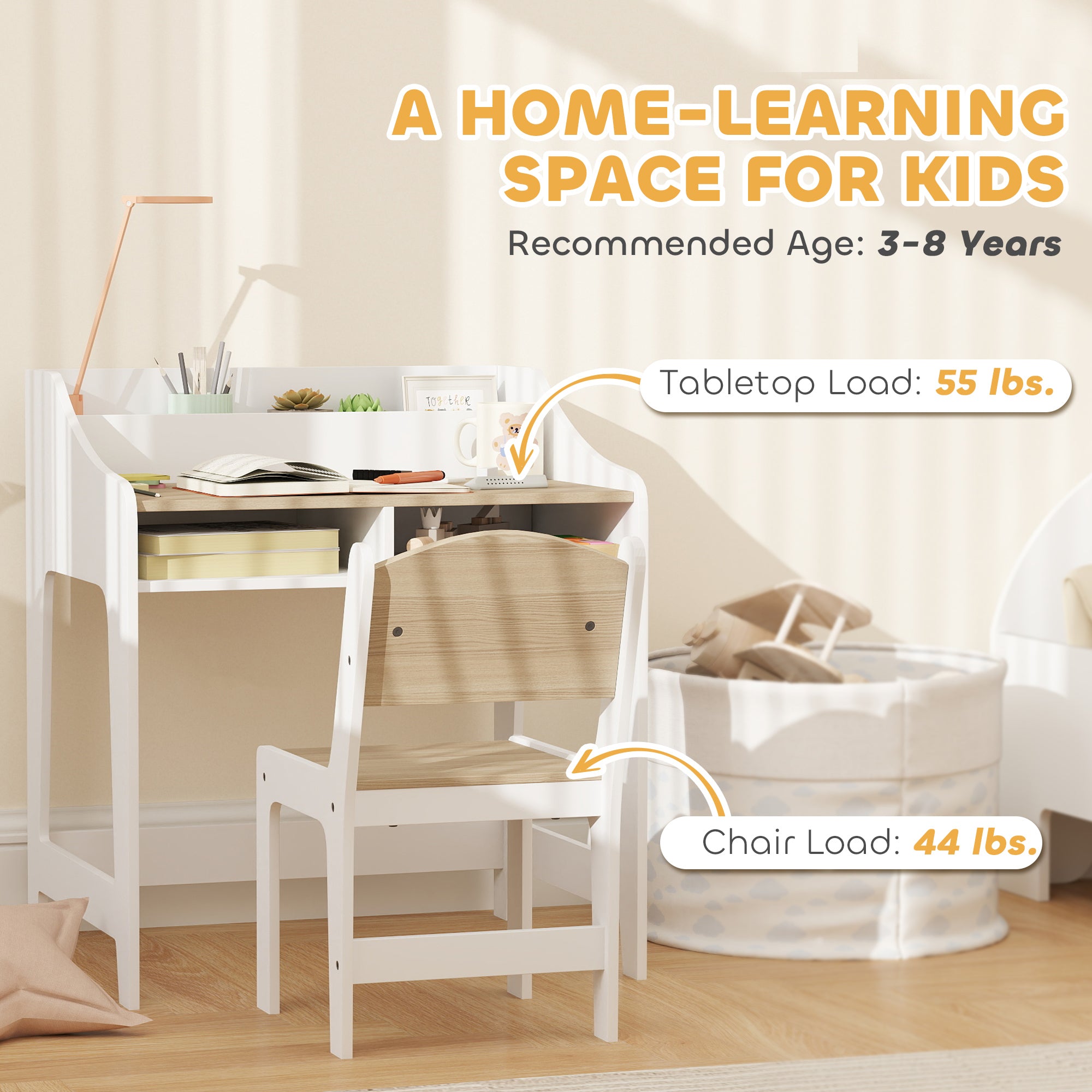 Kids Desk and Chair Set with Storage and Shelves, for Bedroom & Study Room, Gift for 3-8 Years Old, Natural Wood