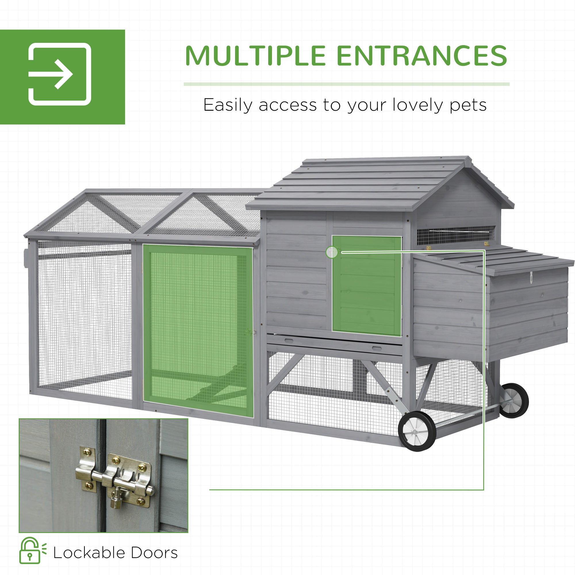 96.5" Chicken Coop Wooden Hen House Poultry Cage Pen Portable with Wheels and Nesting Box, Chicken Cage for Backyard Outdoor, Gray - Grey - Image 5