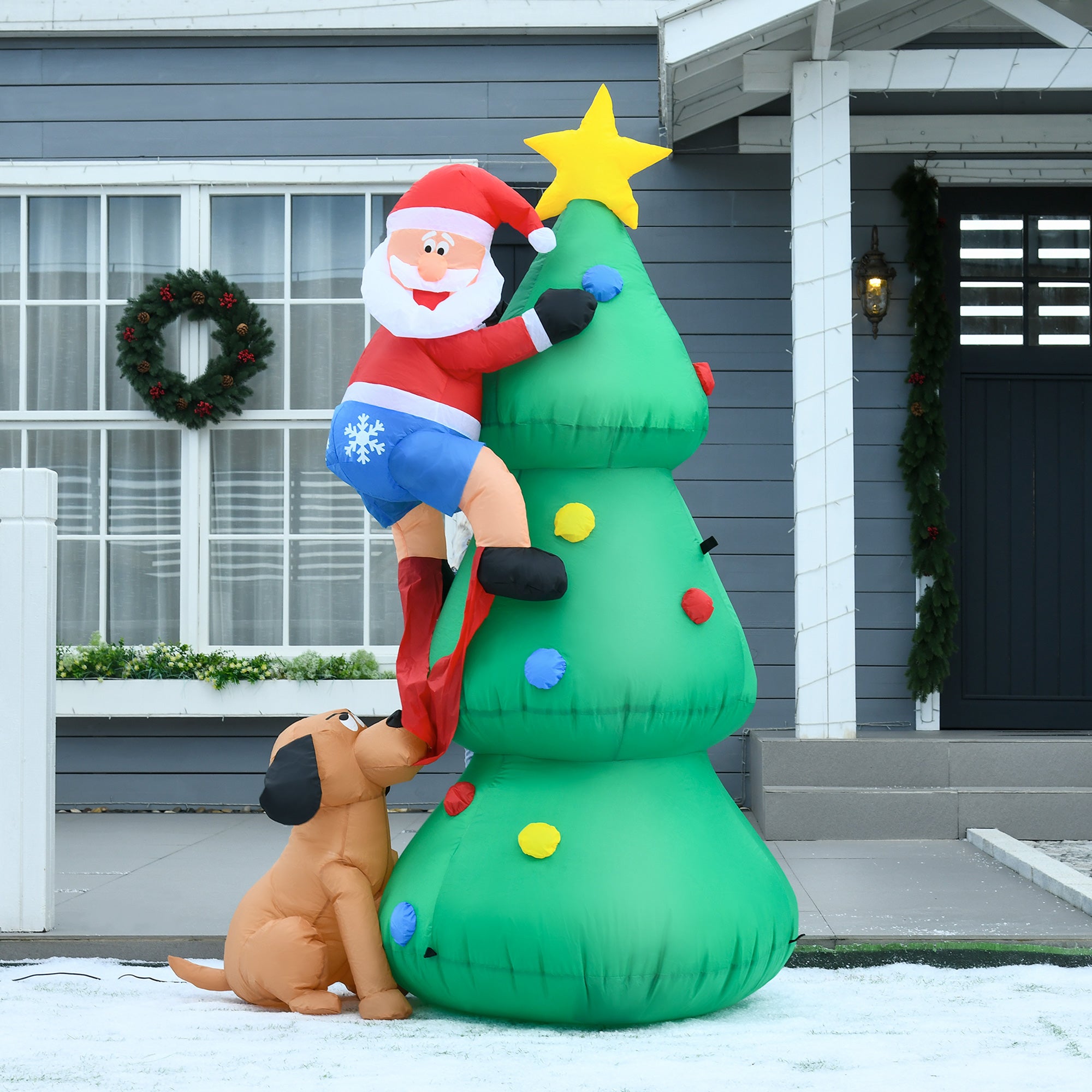 Inflatable Christmas Tree Decorations with Santa Claus annd Puppy Dog with LED, Outdoors Christmas Decor for Yard, Lawn