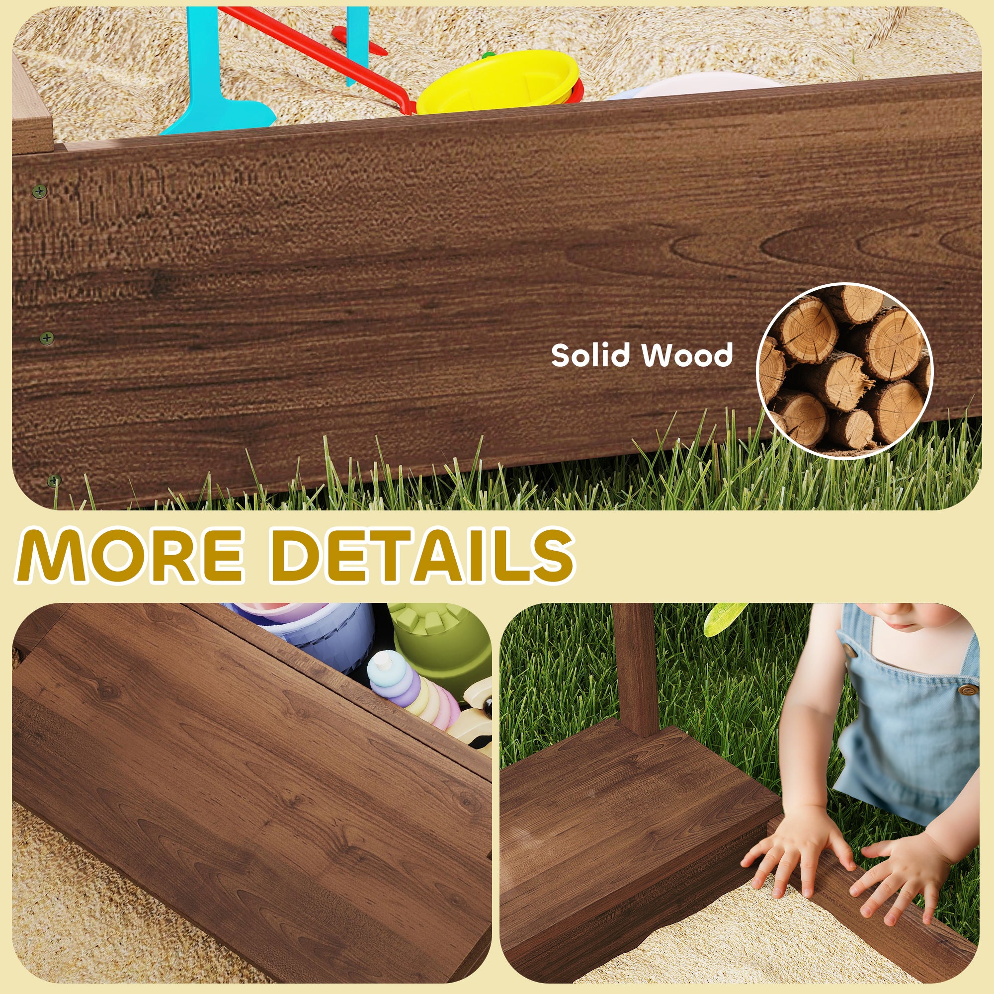 Kids Wooden Sandbox with Canopy Fully Covered, 2 Bench Seats, Bottom Liner, 56" x 40" x 52", Brown
