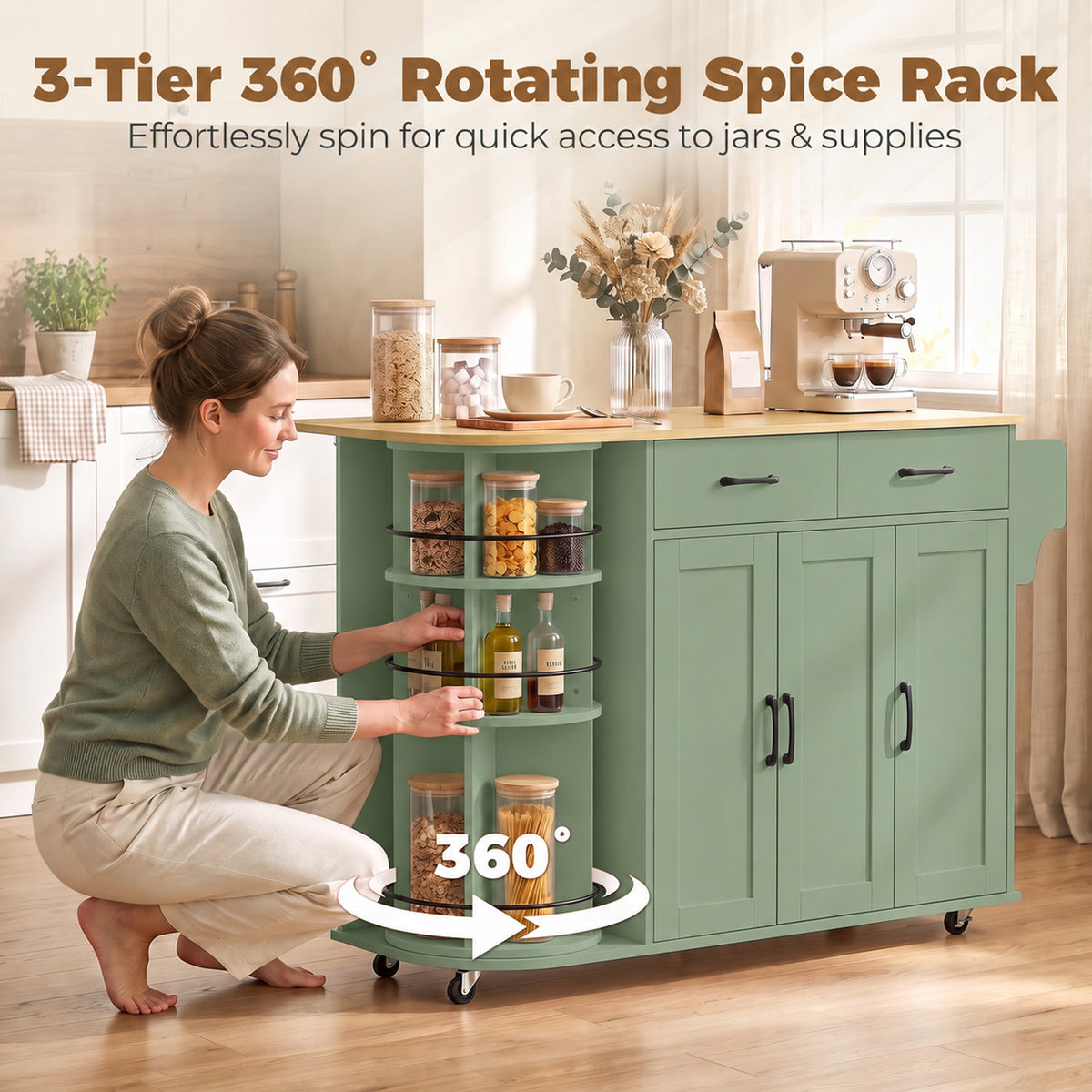 53" Kitchen Island with Power Outlet and Drop Leaf, Kitchen Cart on Wheels with 360° Rotating Rack, Sage Green
