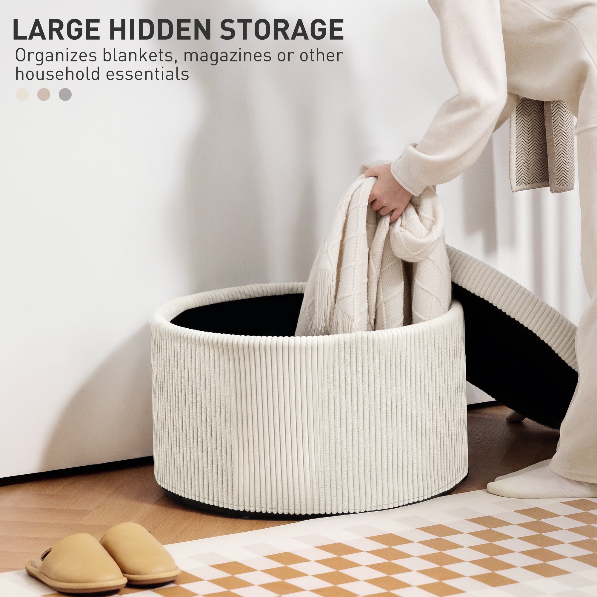 24 Inches Round Storage Ottoman Stool with Lid, Upholstered Corduroy Foot Rest for Living Room, Bedroom, Beige