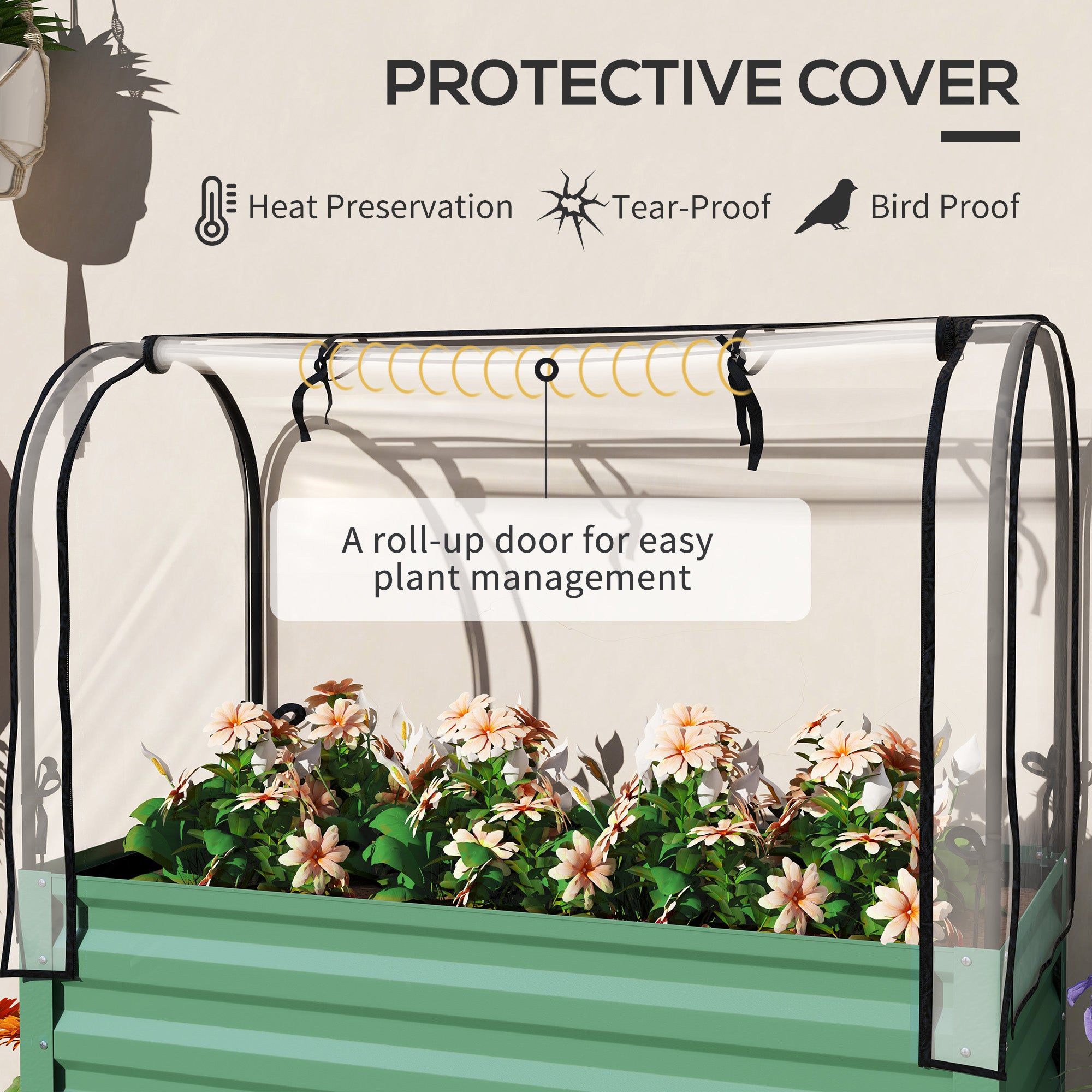Raised Garden Bed with Legs and Cover, Metal Elevated Planter Box with Bottom Shelf and Liner for Vegetables, Green - Green - Image 4