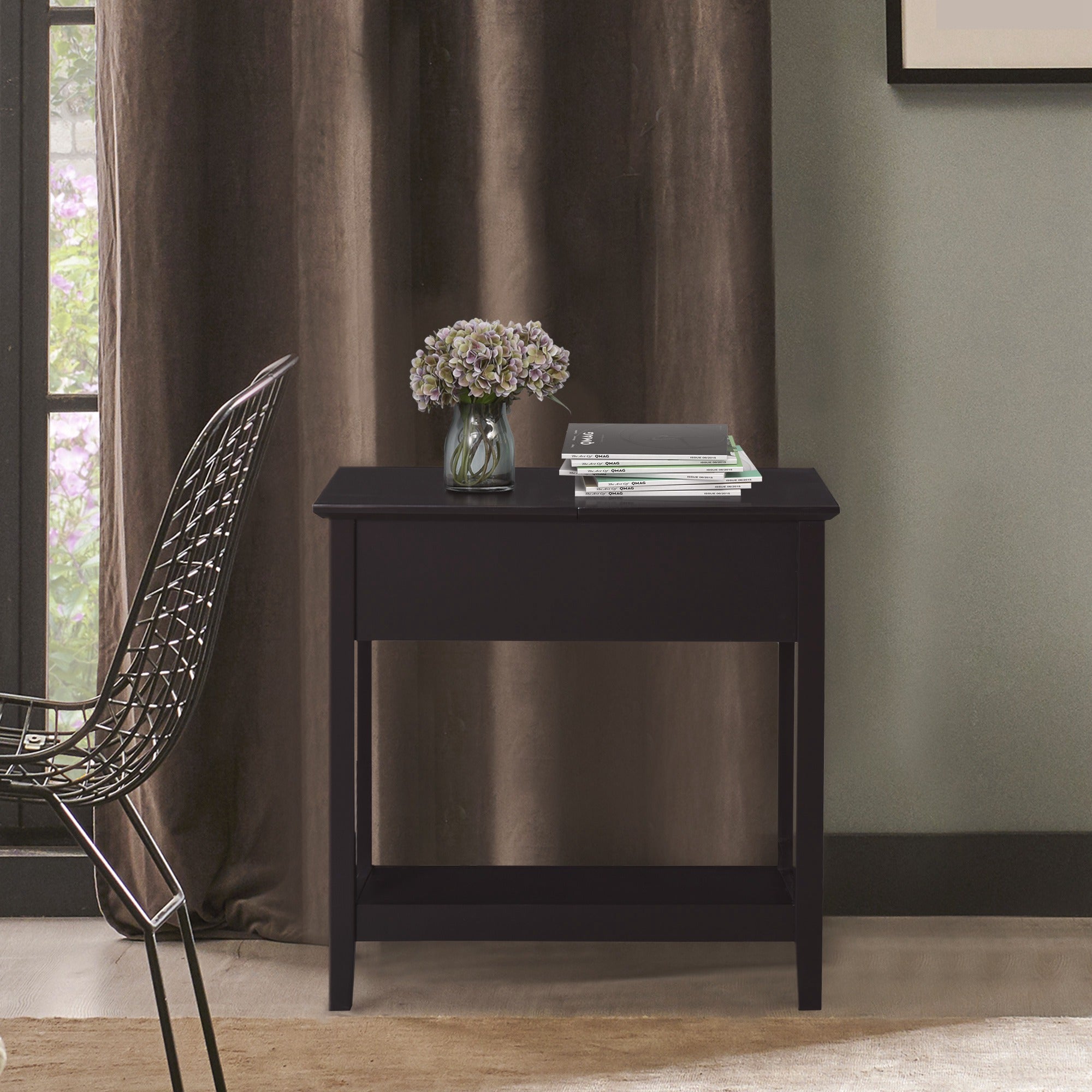 End Table, Narrow Side Table with Flip Top, Storage Cabinet, Bottom Shelf for Living Room, Dark Coffee