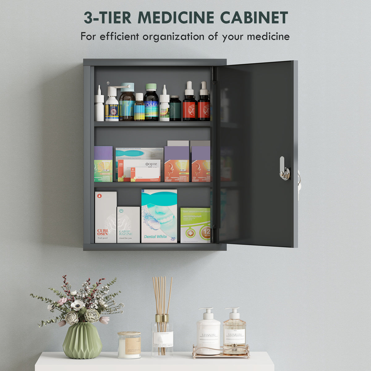16" x 21" Lockable Medicine Cabinet, 3 Tier Steel Medical Wall Box with 2 Keys and Shelves for Bathroom, Gray