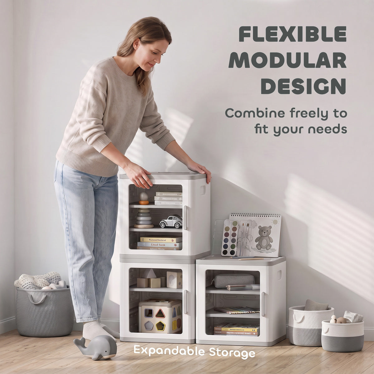 Toy Storage Organizer, 3 Tier Adjustable Toy Storage Cabinet Dustproof HDPE Plastic, Transparent Door, White