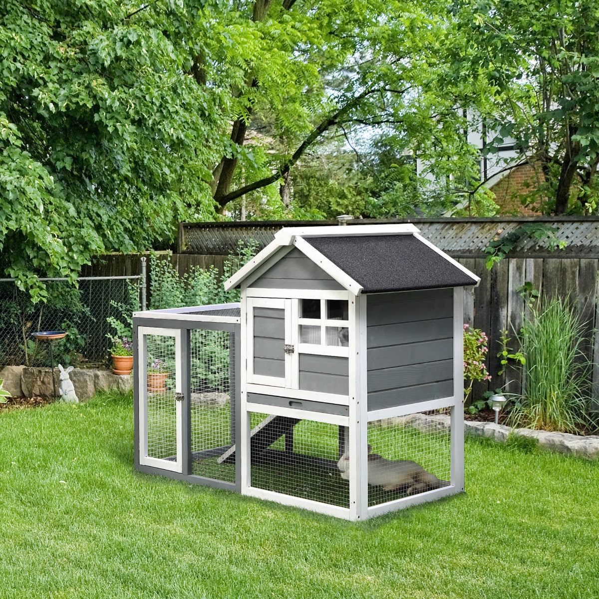 Indoor Rabbit Enclosure, 48" Weatherproof Wooden Rabbit Hutch, with Slanted Asphalt Roof & Fun Outdoor Run for Bunnies & Ferrets - Gray - Grey and White - Image 8
