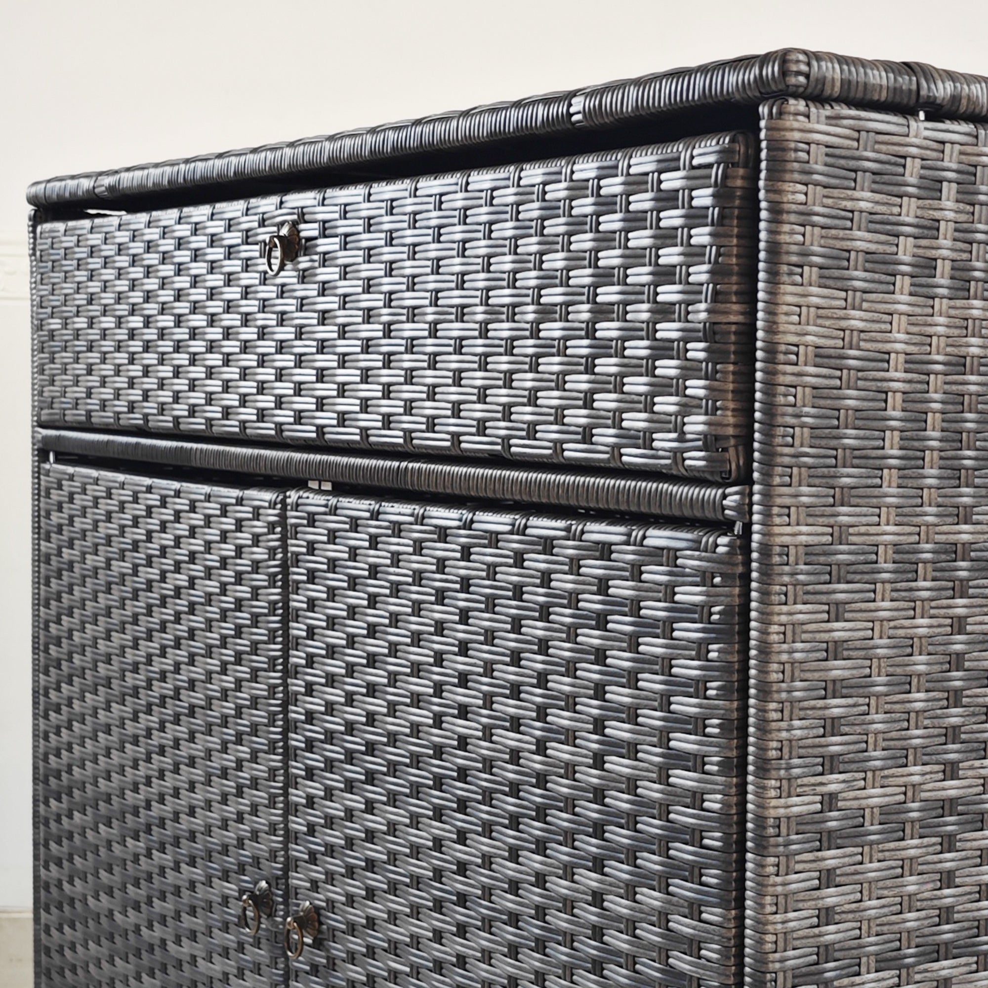 Outdoor Storage Cabinet, Waterproof PE Rattan Cabinet with Drawer for Indoor, Outdoor Swimming Pool, Gray - Gray - Image 7