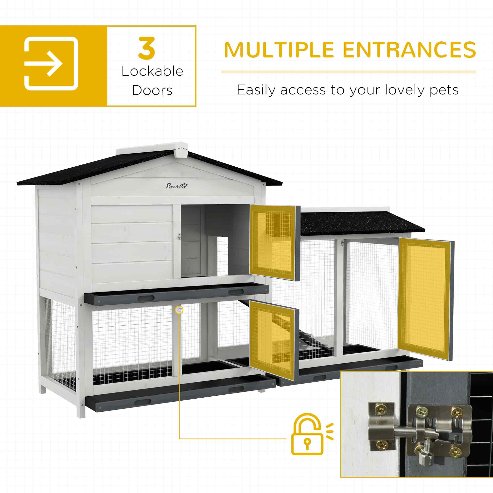 62" Rabbit Hutch, Wooden Bunny Hutch, Guinea Pig Cage, Small Animal Enclosure with Run Area, Removable Tray, Asphalt Roof, Lockable Doors and Ramp, for Rabbits, Chickens, Ducks, White - White - Image 4
