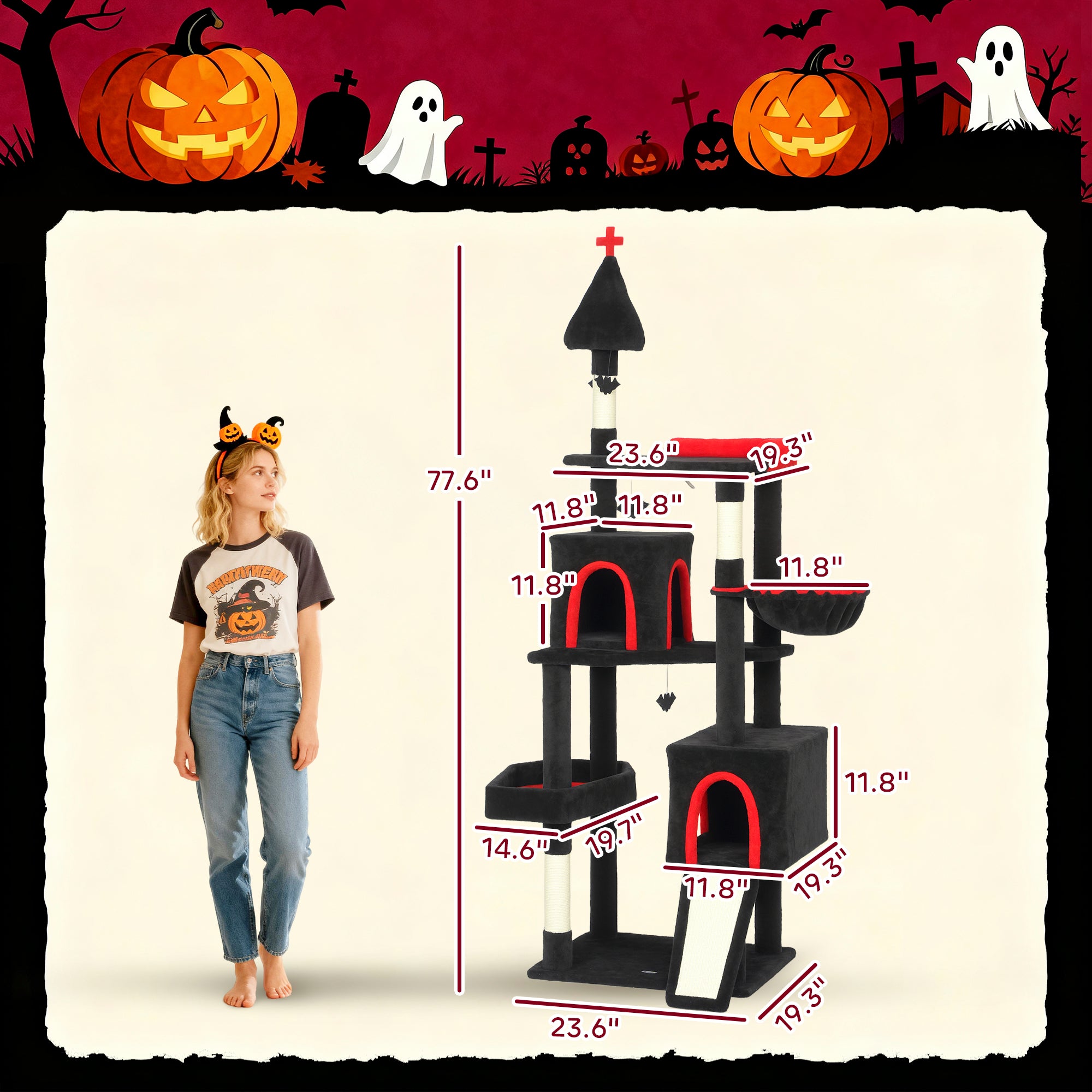 78" Gothic Cat Tree, Cat Tower with Coffin Bed, 2 Spacious Condos, Sisal Scratching Posts, Bat Hanging Balls, Halloween - Black - Image 3