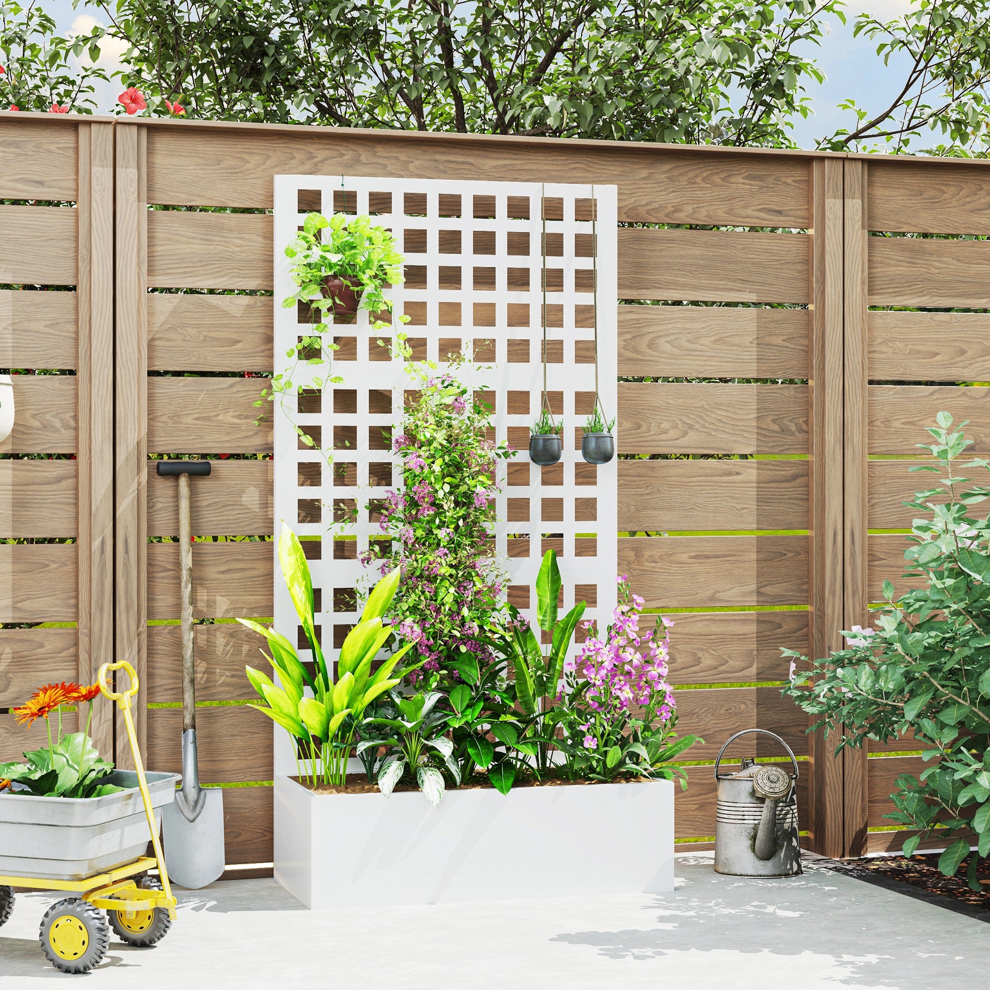 Galvanized Raised Garden Bed Planter Box with Trellis for Climbing Plants, Vegetable, Vines, 35" x 16" x 70", White - White - Image 2