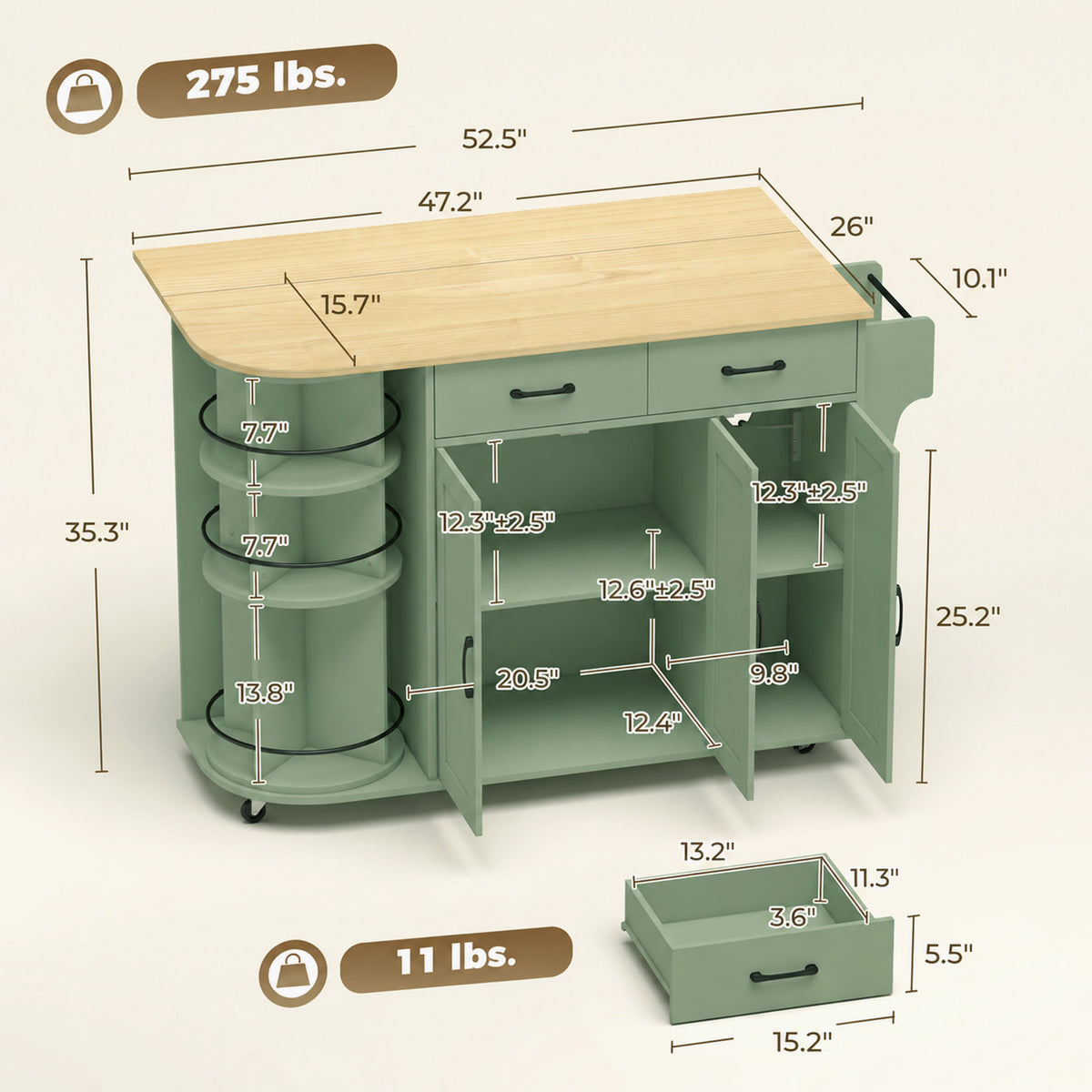 53" Kitchen Island with Power Outlet and Drop Leaf, Kitchen Cart on Wheels with 360° Rotating Rack, Sage Green