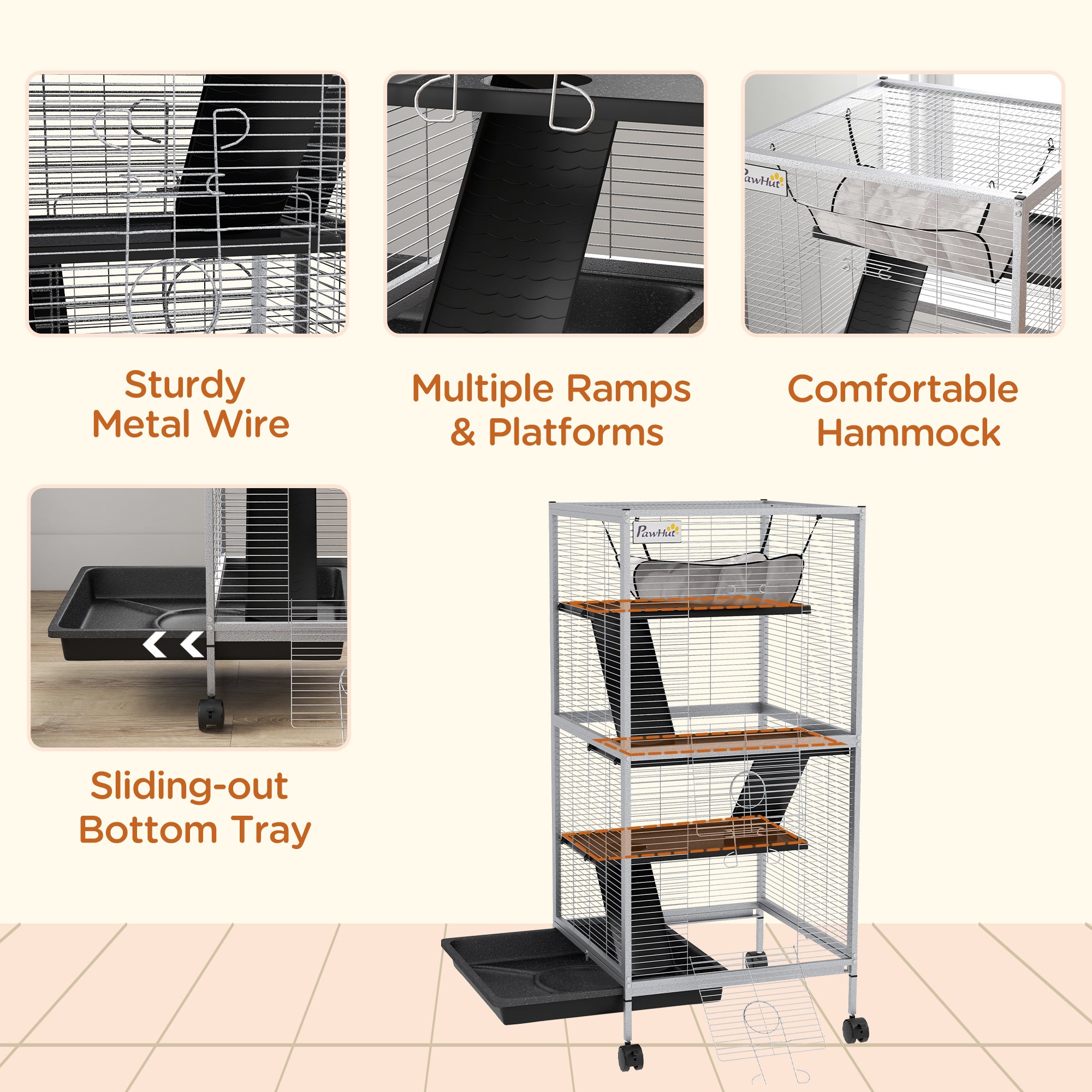 45" H Rolling Small Animal Cage with Hammock, Ferret Cage, Chinchilla Cage, Pet Habitat with 6 Doors, Removable Tray - White - Image 6