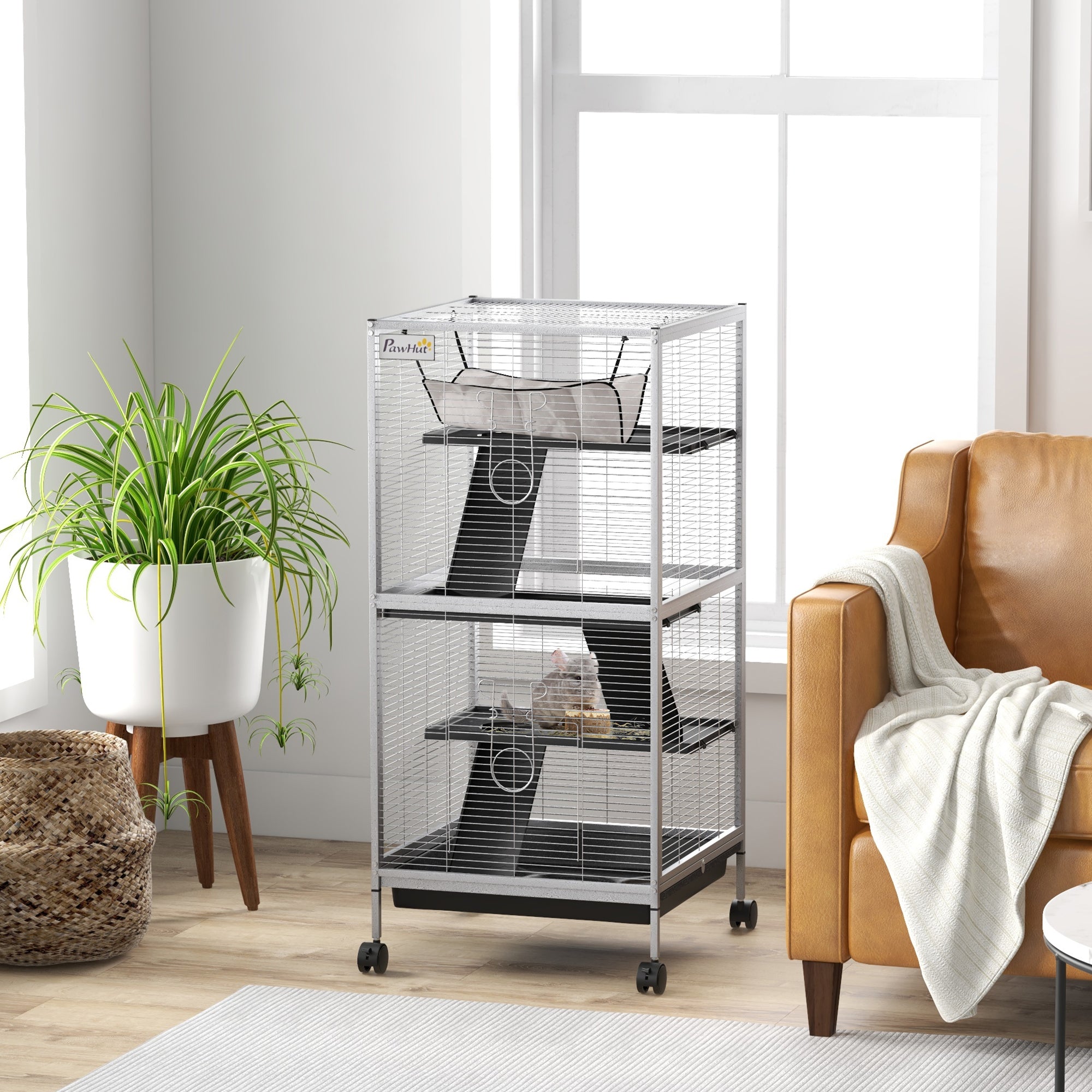 45" H Rolling Small Animal Cage with Hammock, Ferret Cage, Chinchilla Cage, Pet Habitat with 6 Doors, Removable Tray - White - Image 2