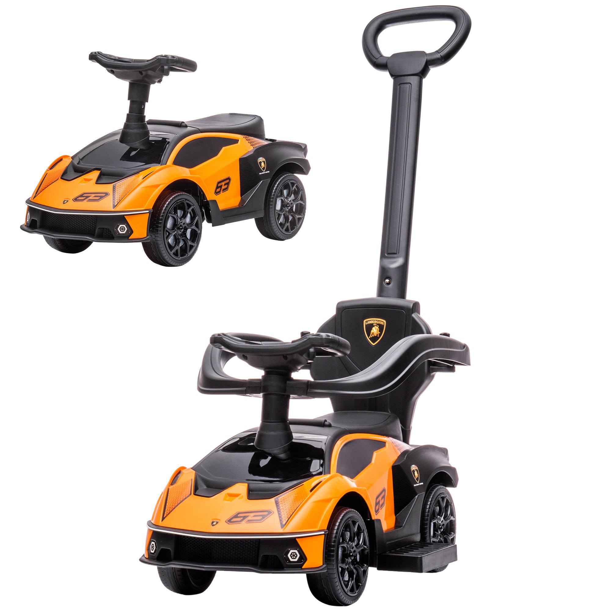 2-in-1 Ride On Push Car for Toddlers 1-3, Licensed Lamborghini Stroller Sliding Car, Push-Along with Under Seat Storage Horn Engine Sound and Steering Wheel, Manual, Orange