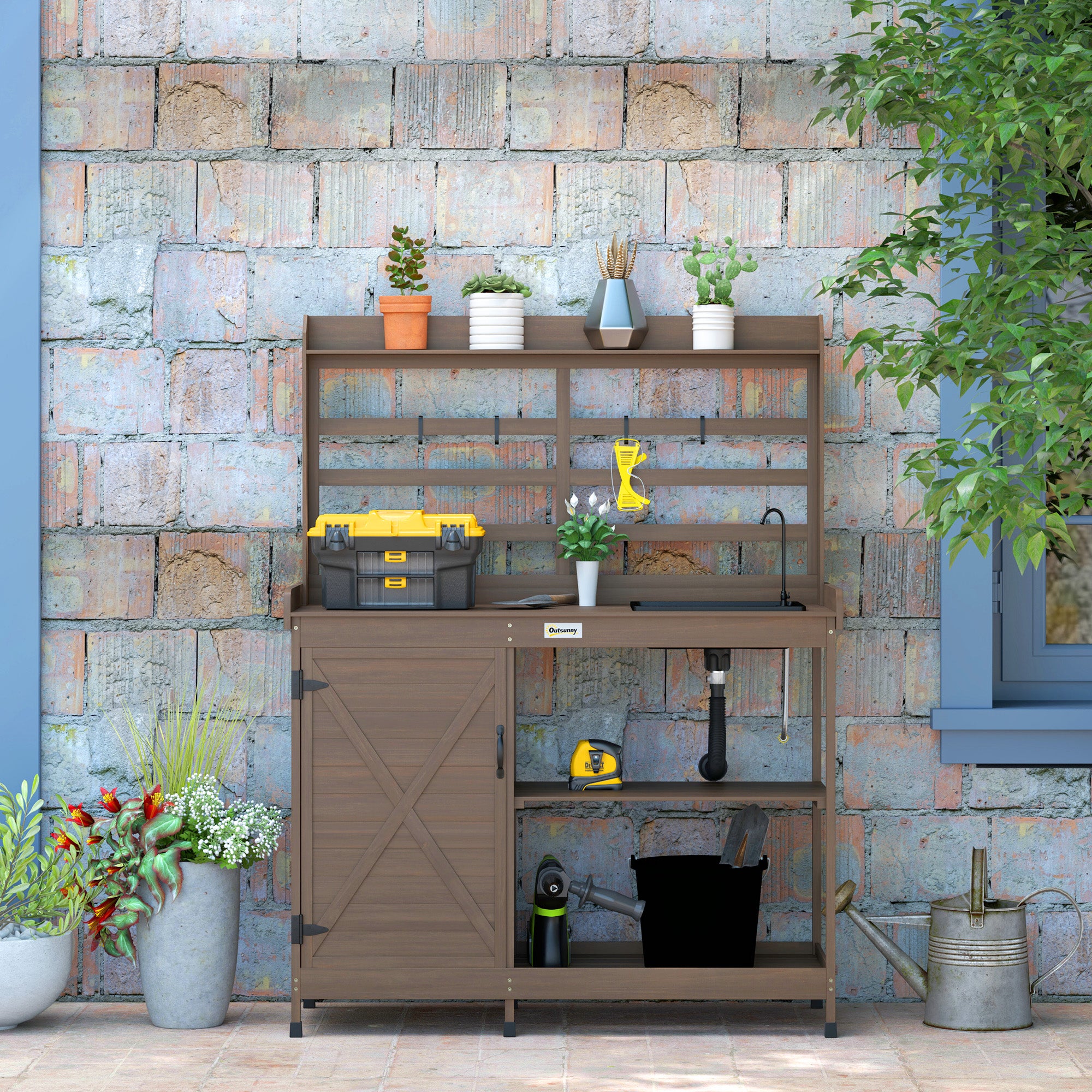 Wooden Potting Bench with Storage, Sink, Water Tap for Backyard, Patio, Balcony, Dark Brown - Brown - Image 7