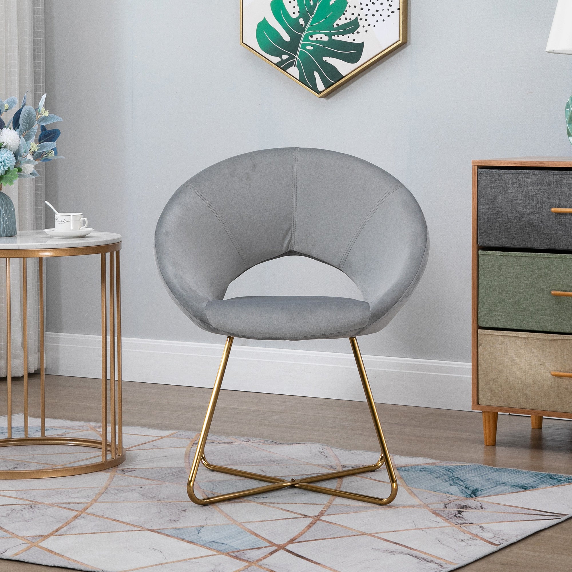 Modern Accent Velvet Chair Open Curved Mid-Back Upholstered Vanity Chair with Gold Plating Metal Legs Gray