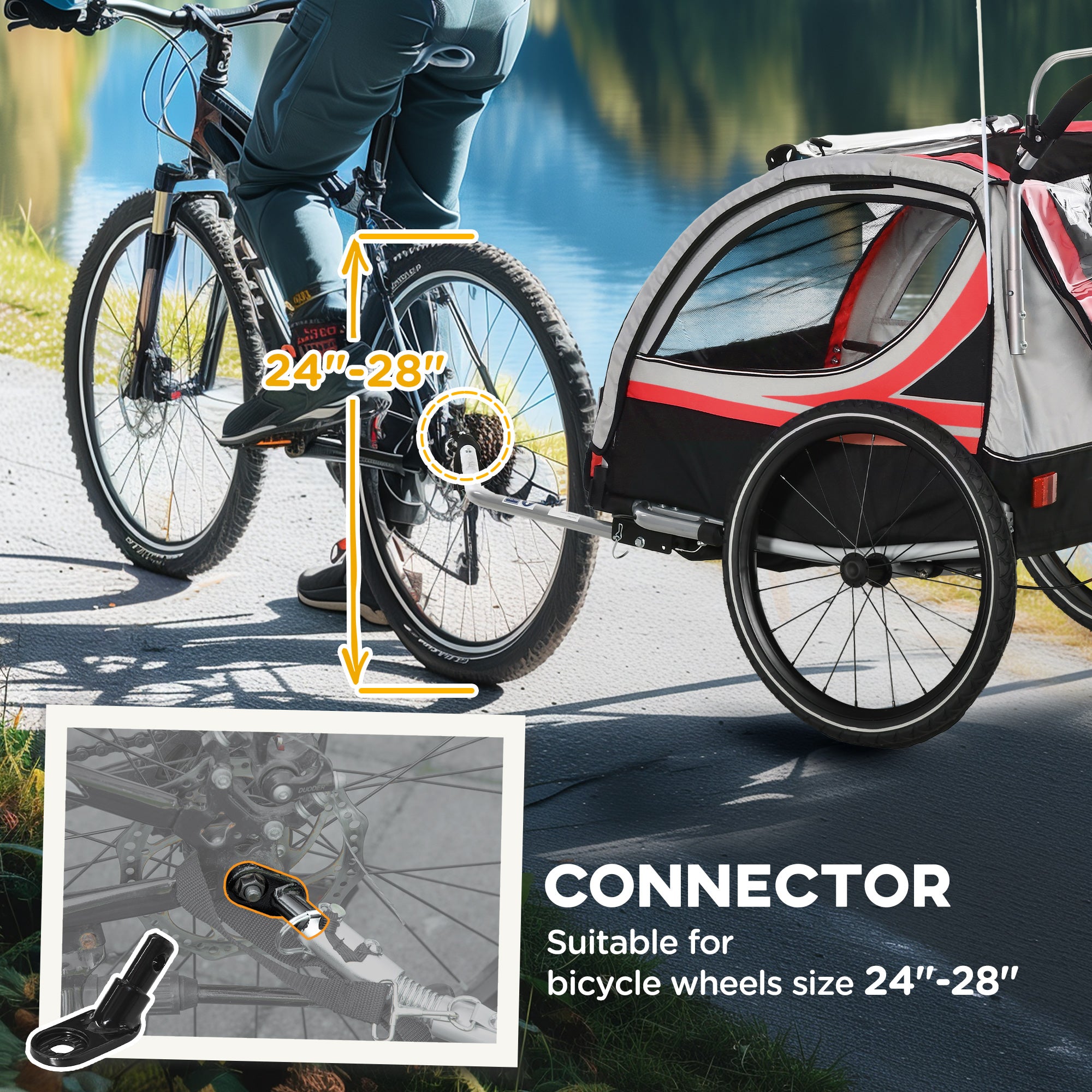 3-in-1 Bike Trailer for Kids, Running Stroller with 2 Seats, Jogging Cart with 5-Point Harness, Storage Units, Red