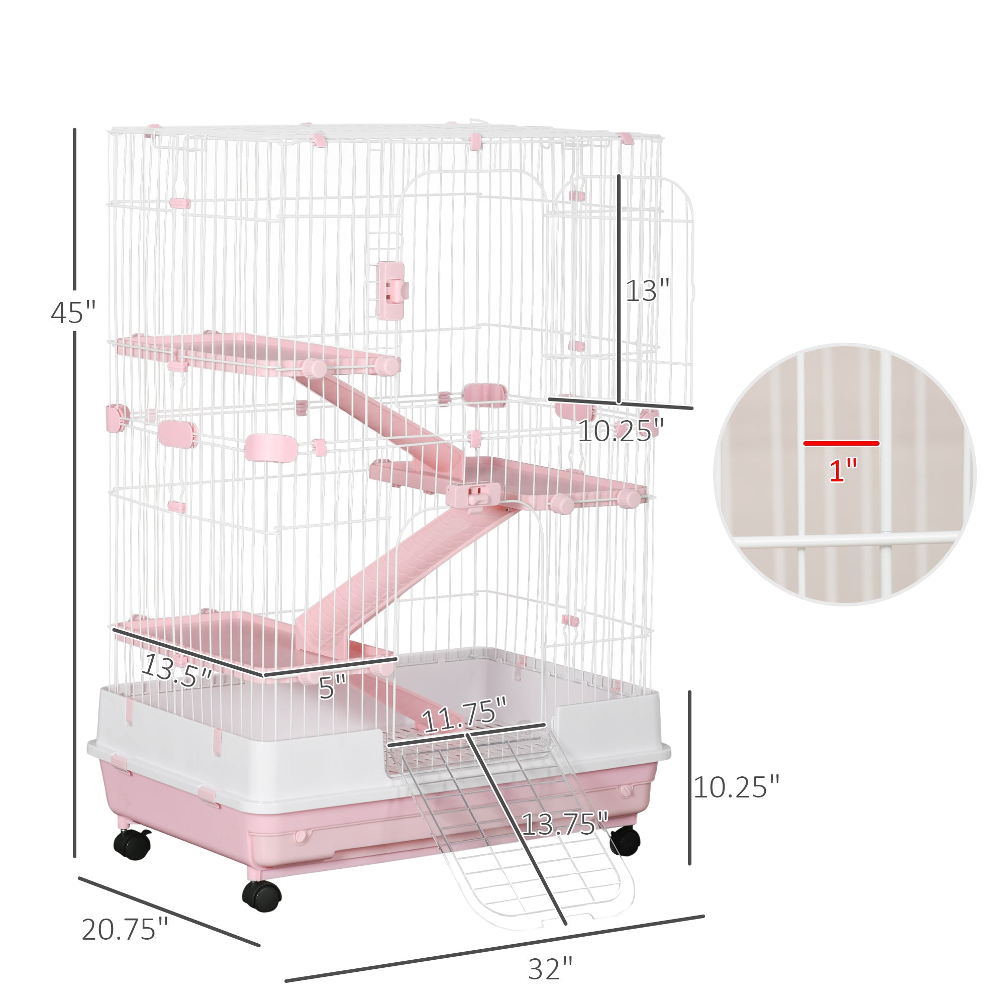 32"L 4-Level Small Animal Cage Rabbit Hutch with Wheels, Slide-out Tray for Bunny, Chinchillas, Ferret, Pink - Pink - Image 3