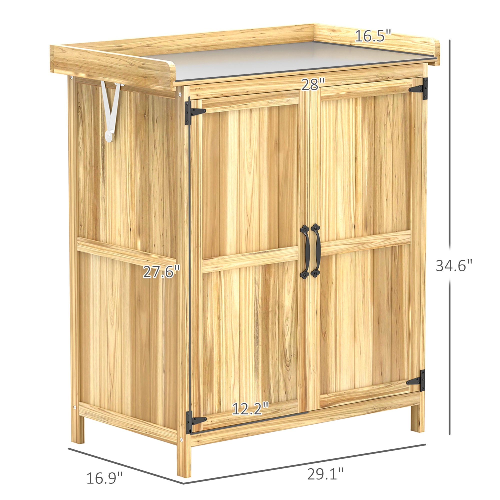 Outdoor Storage Cabinet, Garden Tool Shed with Metal Tabletop, Shelf, Wooden Potting Bench with 2 Doors, Natural Wood - Natural Wood - Image 3