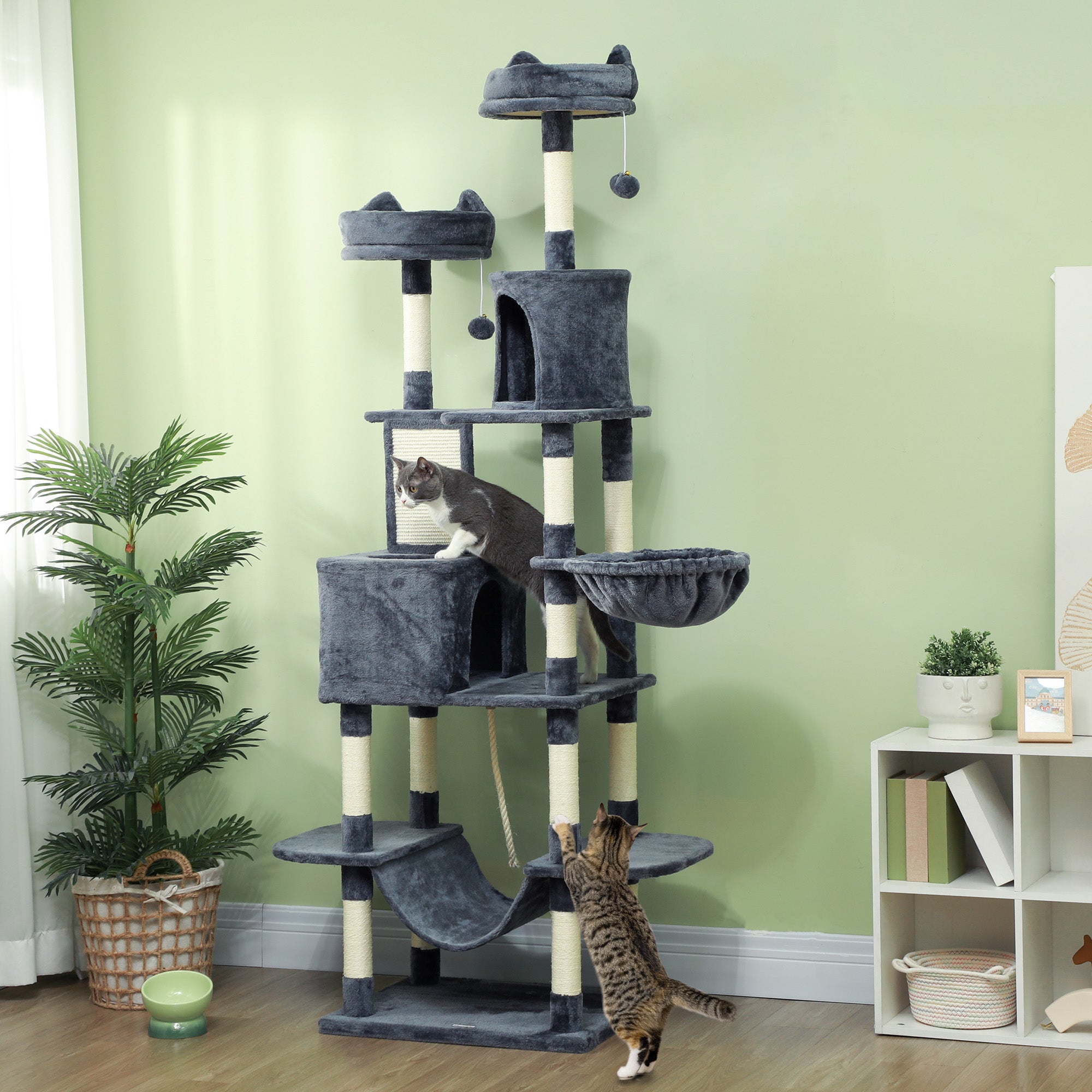 81" Cat Tree w/ Cat Scratching Posts, Scratching Board, Condos, Beds, Hammocks, Toy Balls, Rope Cat Toy, Gray - Dark Gray - Image 2