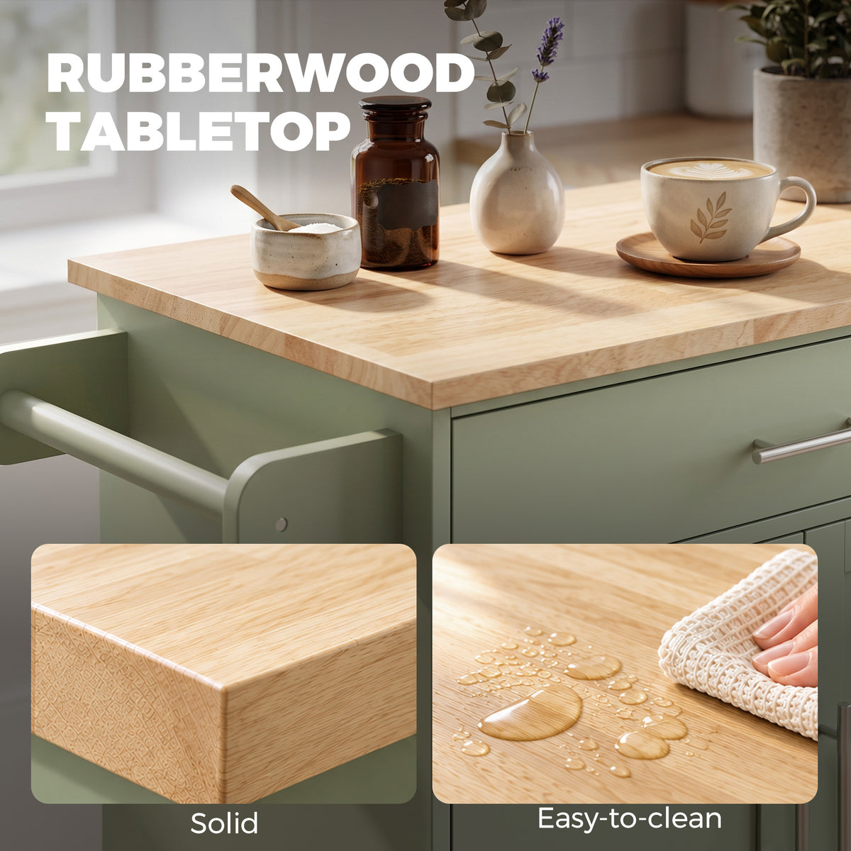 Kitchen Island Cart, Rolling Island Table with Solid Wood Top, Trolley Cart with Drawer, Storage Cabinet, Green