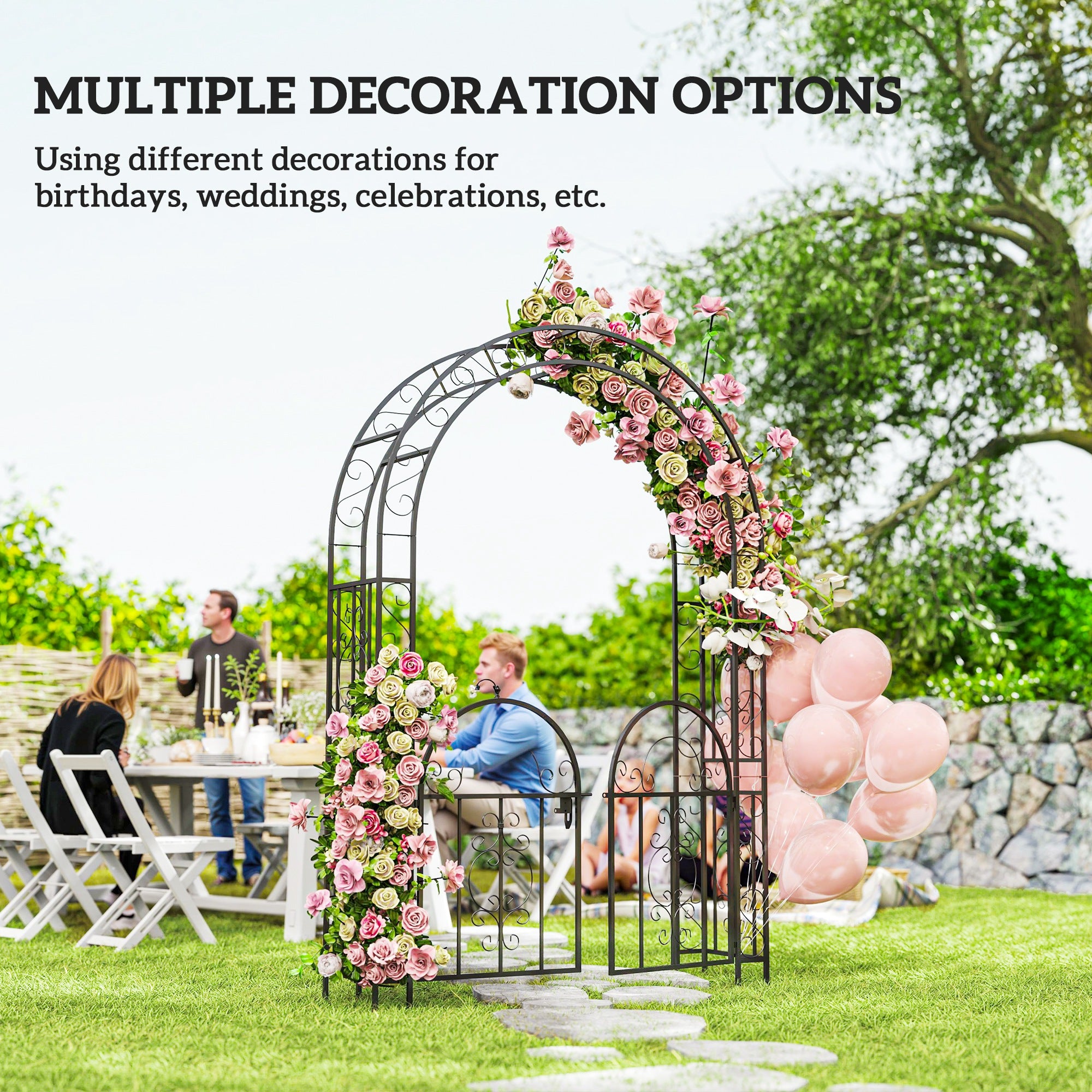 7.4ft Steel Garden Arch with Gate, Garden Arbor Trellis for Climbing Plants, Roses, Vines, Wedding Arch Stand for Outdoor, Garden, Lawn, Backyard, Black - Black - Image 7