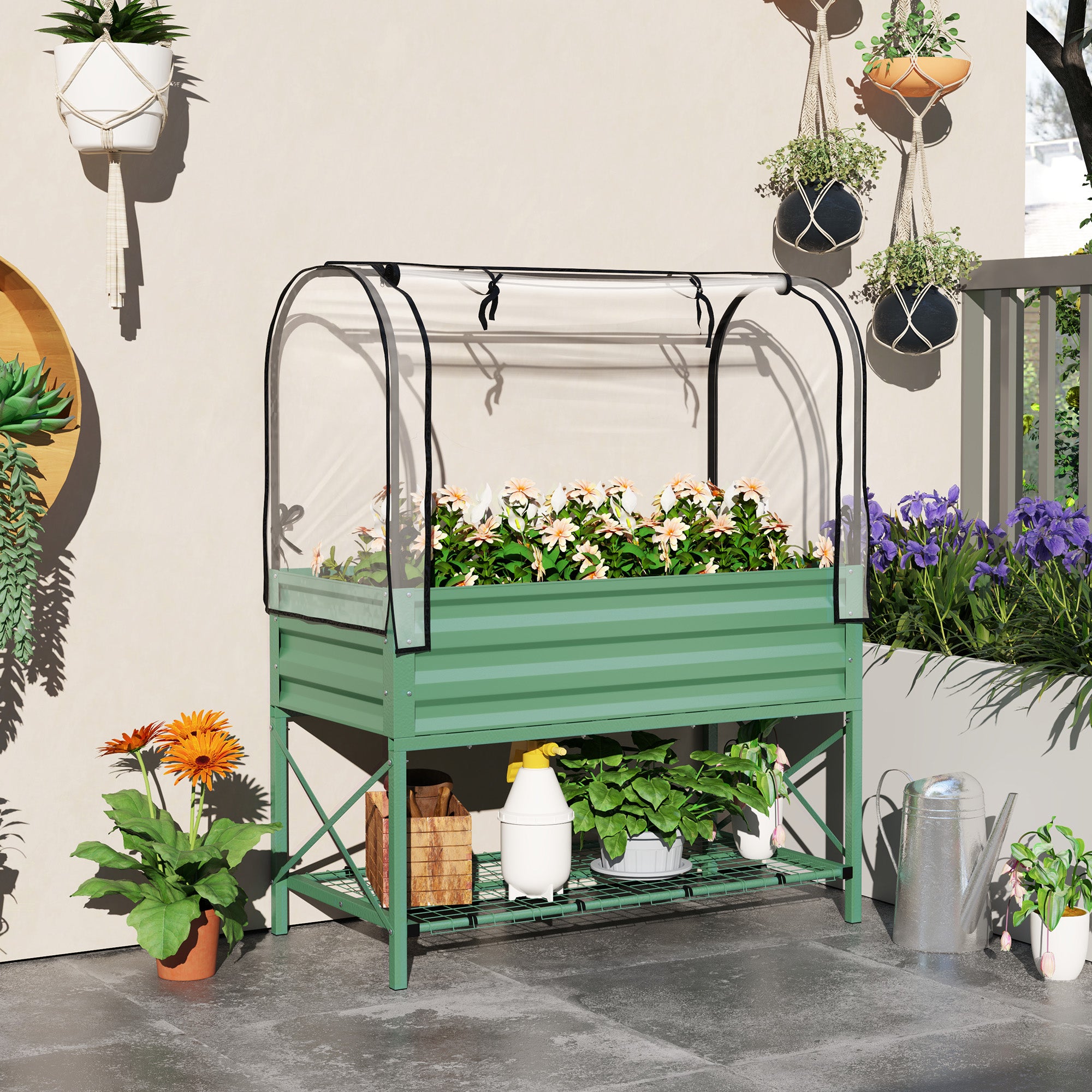Raised Garden Bed with Legs and Cover, Metal Elevated Planter Box with Bottom Shelf and Liner for Vegetables, Green - Green - Image 2
