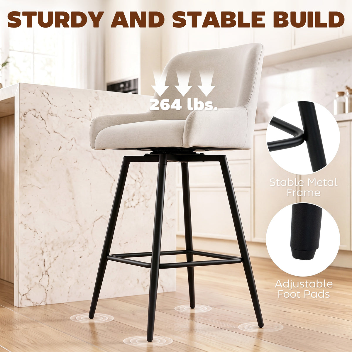 Kitchen Island Chairs Counter Height Bar Stools with Swivel Linen Seat and Footrest, Cream White