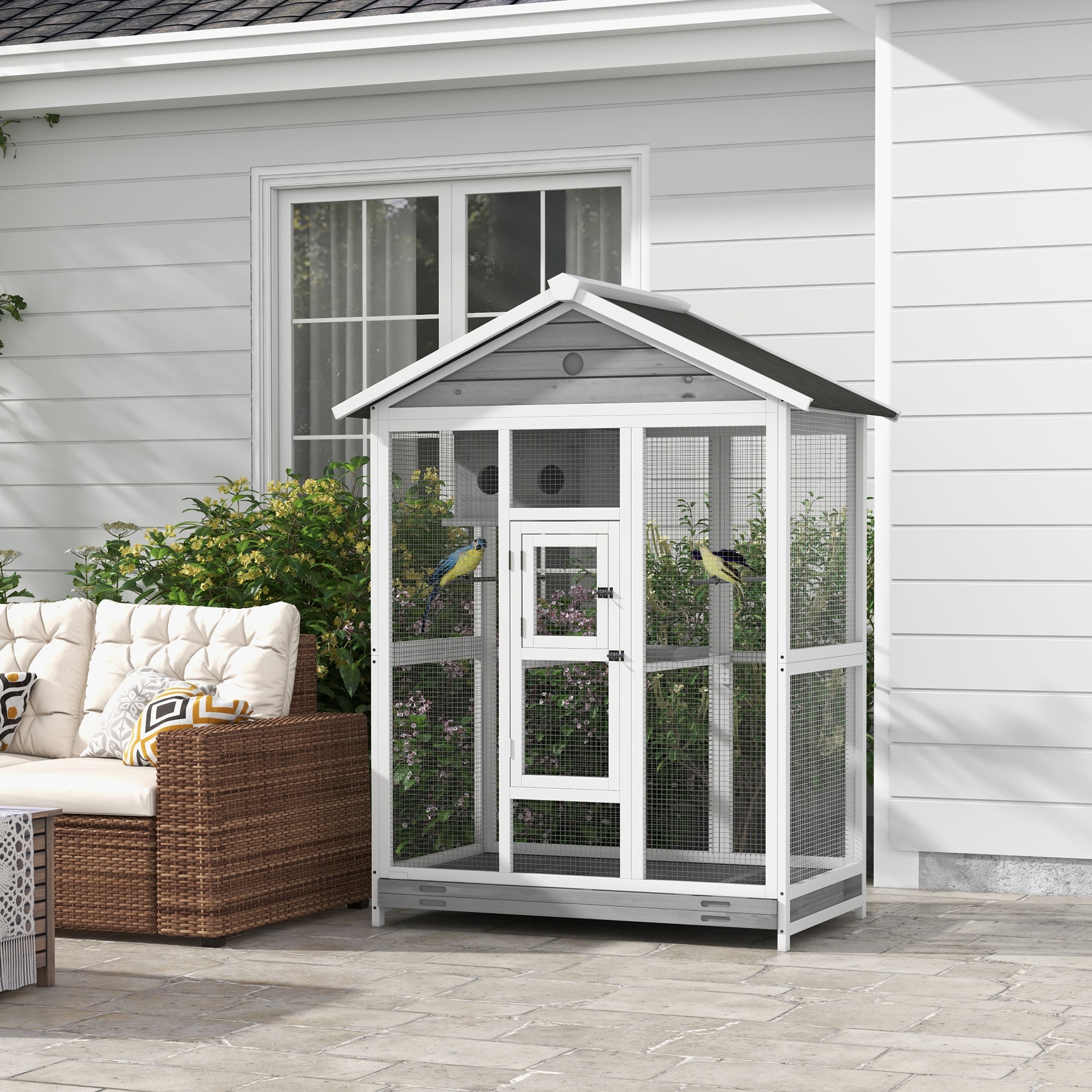 64.5" Wooden Bird Cage Aviary, Flight Cage with 4 Perches, Nest and Slide-Out Tray for Indoor/Outdoor, Gray - Gray - Image 2