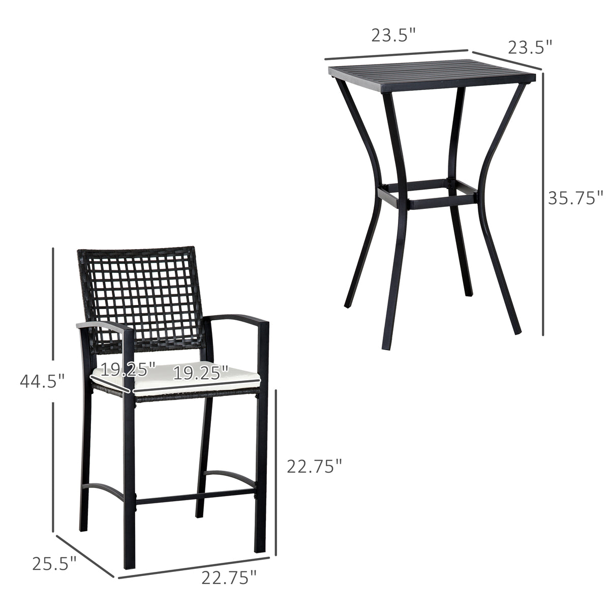 3pcs Patio Bar Set with Soft Cushion, Rattan Wicker Outdoor Furniture Set for Backyards, Lawn, Deck, Poolside