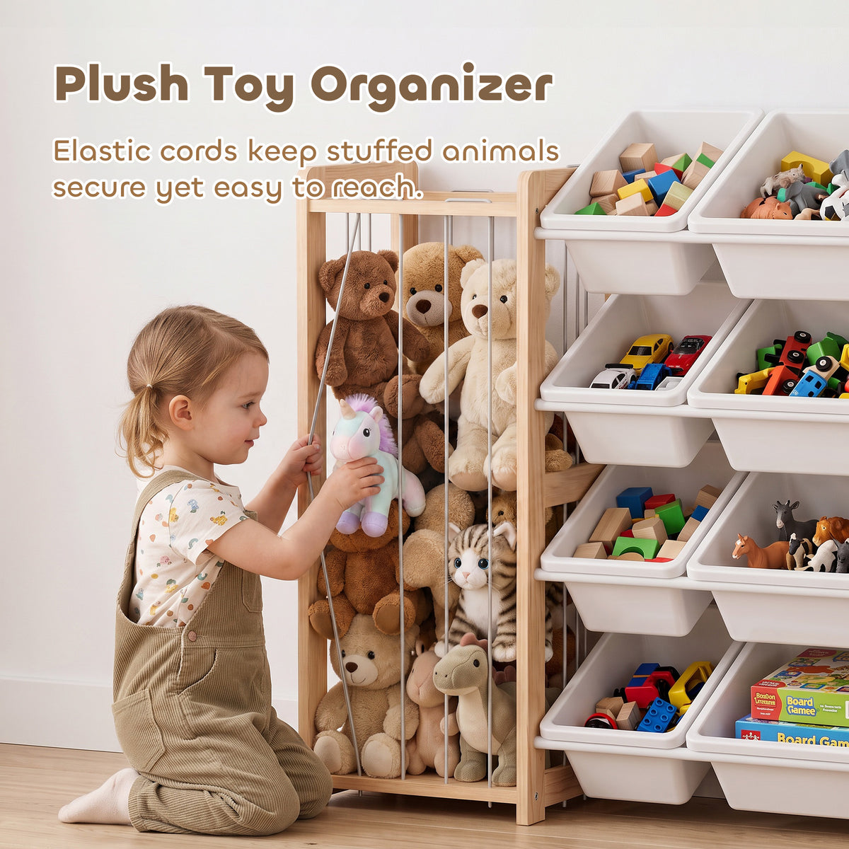 3-in-1 Wooden Toy Storage Organizer with Stuffed Animal Storage, Bookshelf, 12 Bins for Bedroom, Playroom, Nursery