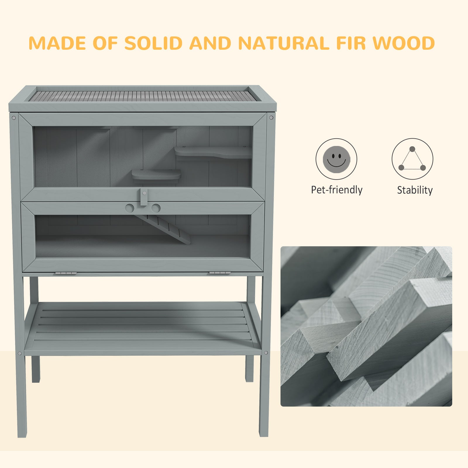 3-Tier Wooden Hamster Cage Mice and Rat Cage Small Animals Hutch with Openable Top, Front Door, Storage Shelf, Gray - Gray - Image 7