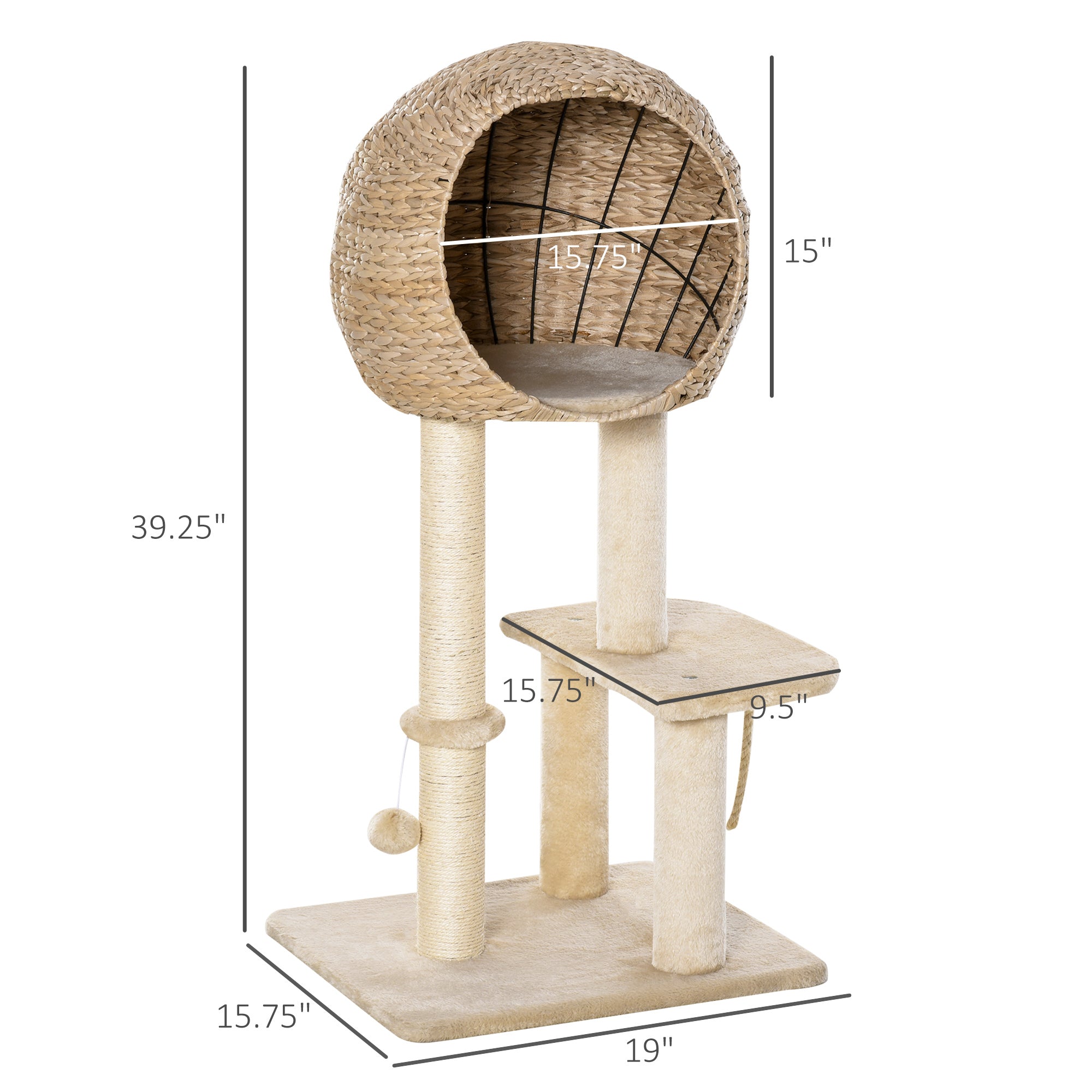 Cat Tree with Sisal Scratching Post Condo and Hanging Rope 39" H, Beige - Beige - Image 3