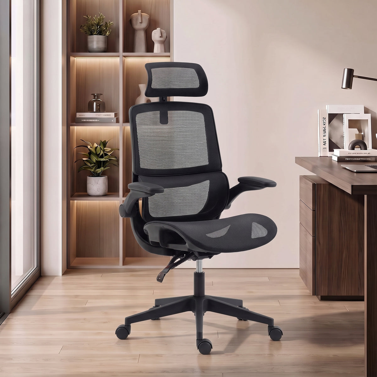 Ergonomic Office Chair with Adaptive Lumbar Support, Reclining Mesh Desk Chair with 2D Headrest, Flip-Up Arms, Black