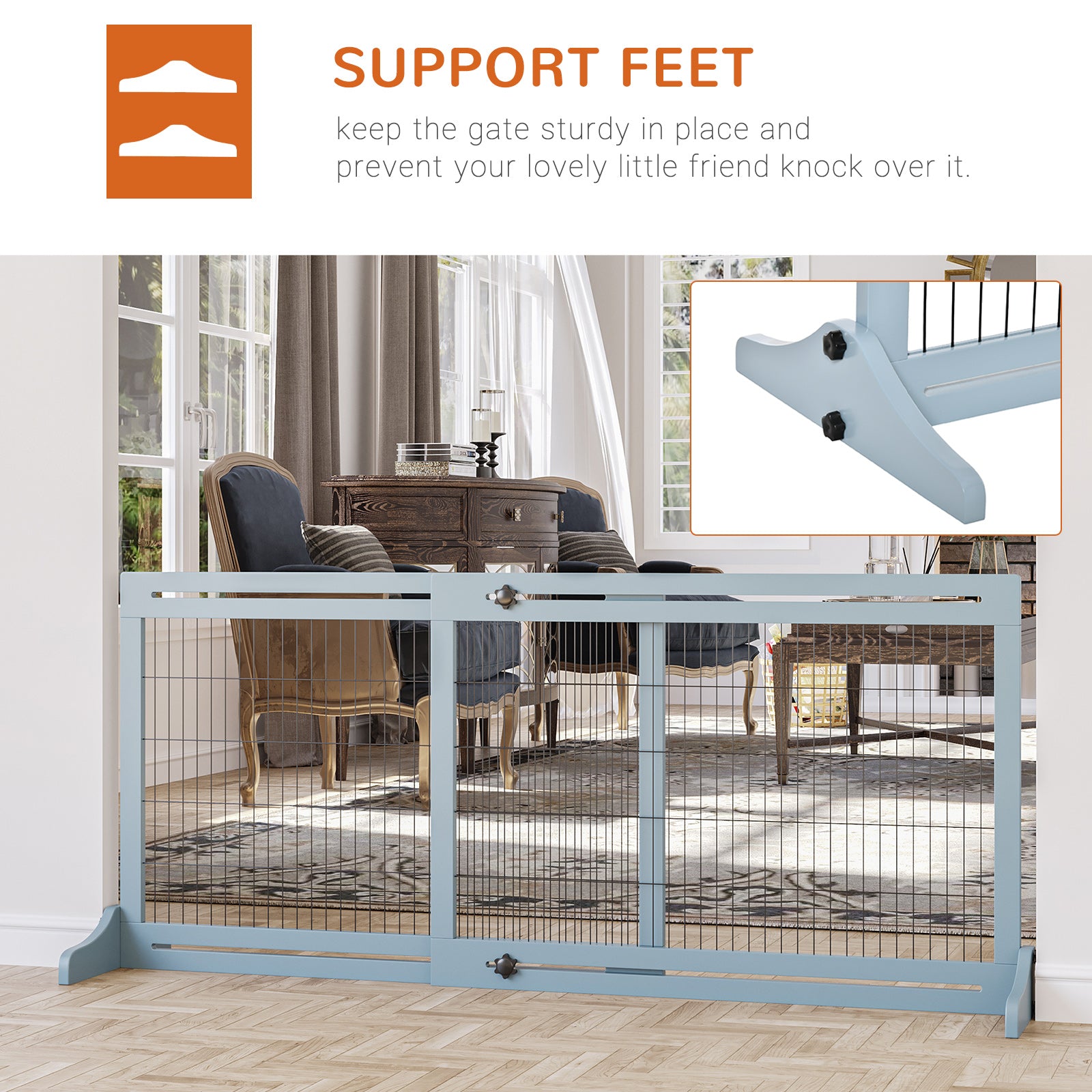 71" W x 27.25" H Extra Wide Freestanding Pet Gate with Adjustable Length Dog, Cat, Barrier for House, Doorway, Hallway, Blue-Gray - Gray - Image 5