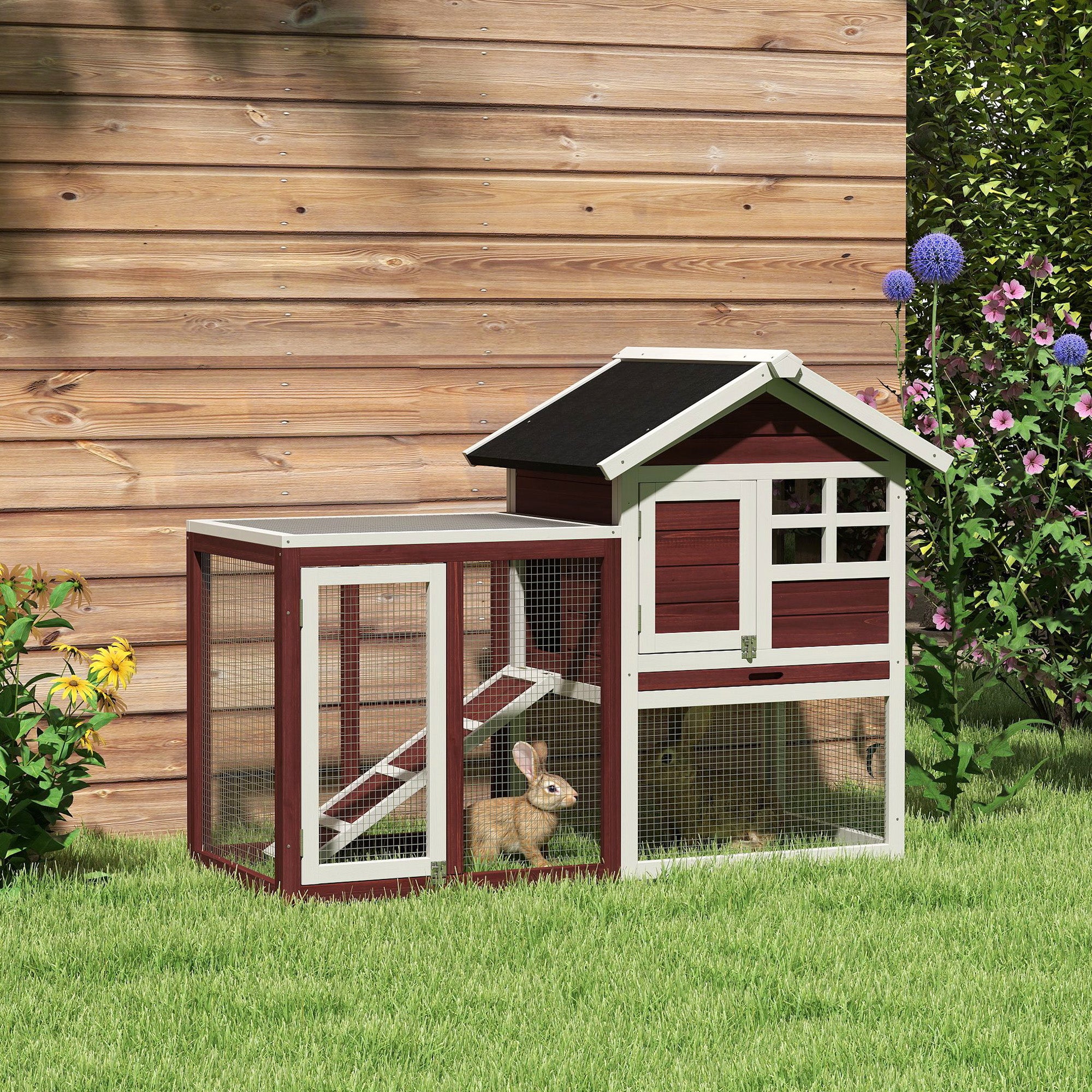 49" Wooden Rabbit Hutch Bunny Cage with Waterproof Asphalt Roof, Fun Outdoor Run, Removable Tray and Ramp, for Rabbits, Chickens, Ducks, Brown - Brown and White - Image 2
