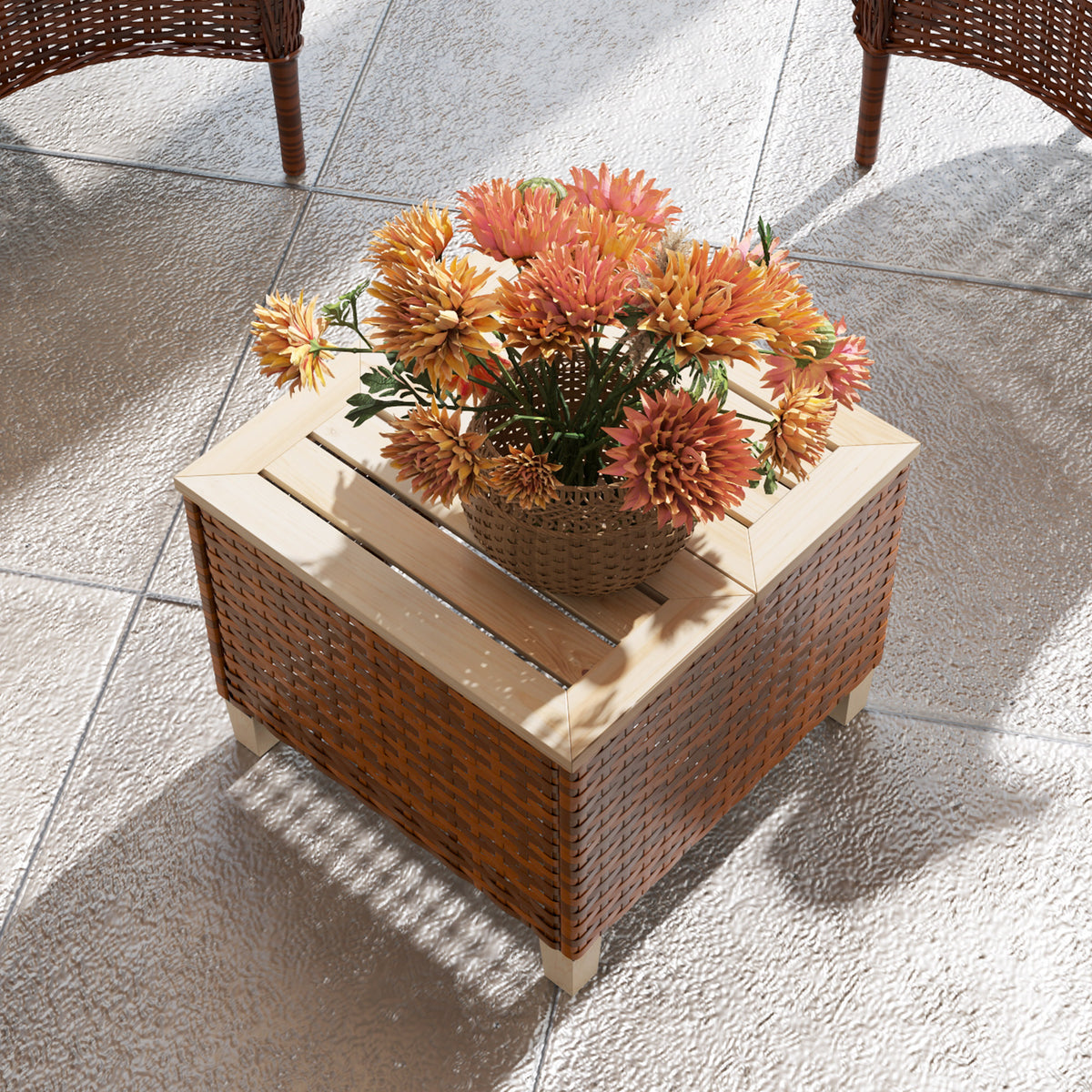 Outdoor Side Table with PE Rattan, Patio End Table with Natural Fir Wood Tabletop and Legs, Weather Resistant Accent Table for Patio Pool Porch, Brown