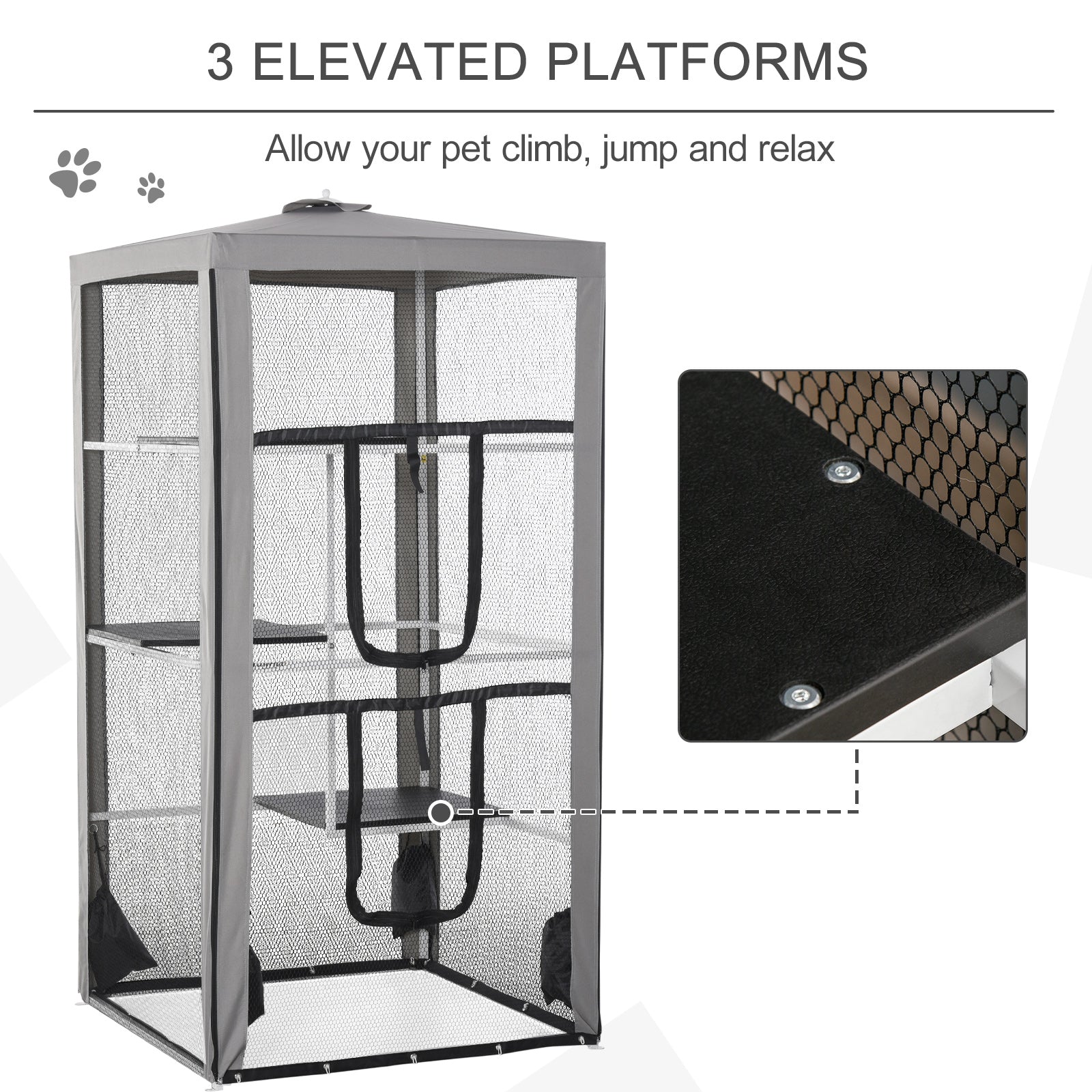 79"H Cat House Kitten Enclosure Mesh Playpen Steel Frame with 3 Platforms, 2 Doors and 4 Sandbags for Stability, Indoor/Outdoor - Grey, White and Black - Image 5
