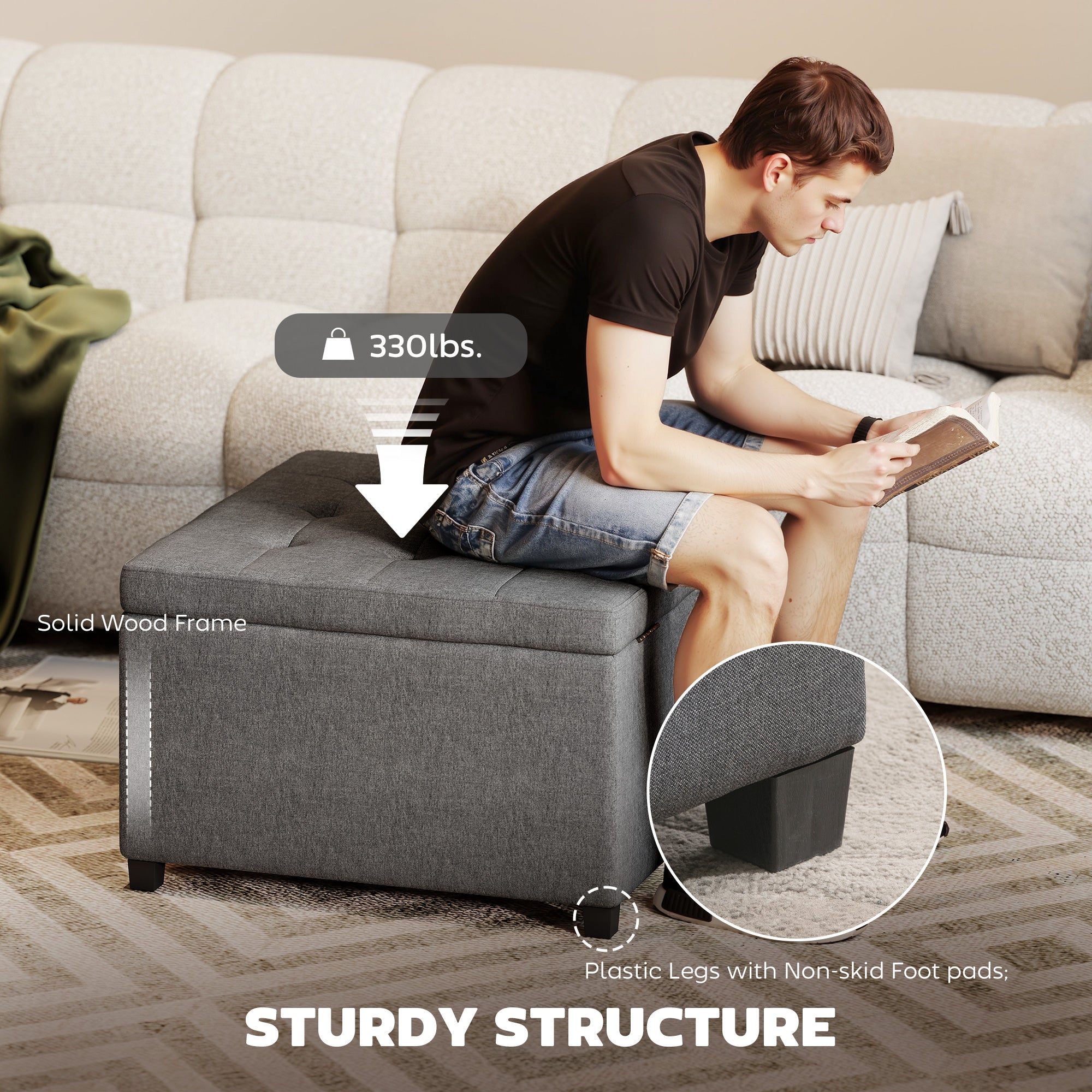Round Storage Ottoman Bench, Button Tufted Ottoman with Flip Top for Living Room, Entryway and Bedroom, Gray