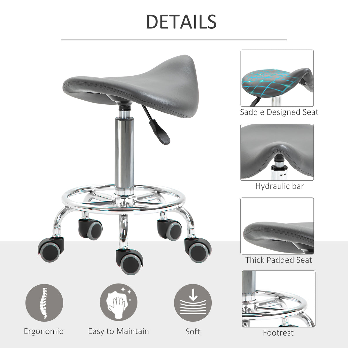 PU Leather Adjustable Stool, Rolling Saddle Stool with Wheels for Massage, Spa, Clinic, Beauty and Tattoo, Gray