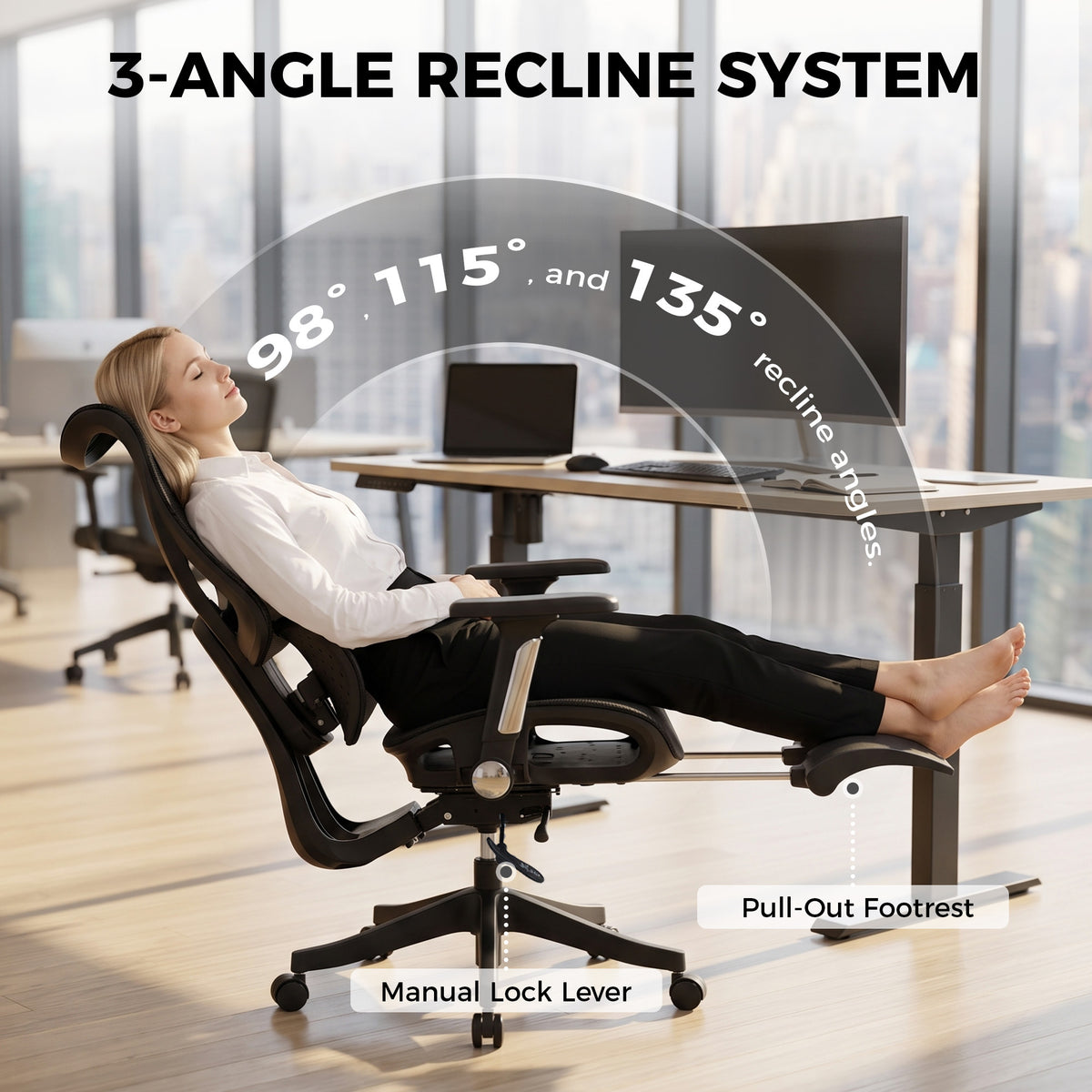 Ergonomic Office Chair with Lumbar Support, Mesh Reclining Desk Chair with Footrest, Adjustable High Back, Black
