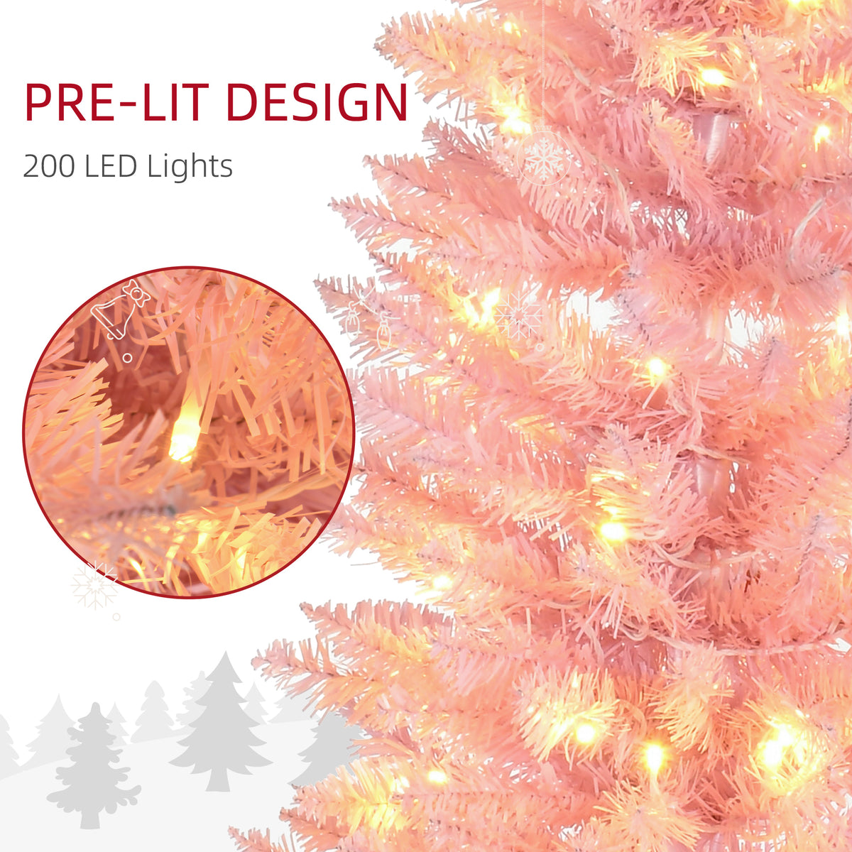 6ft Pencil Christmas Tree, Slim Artificial Christmas Tree with Realistic Branches and Warm White LED Lights, Pink