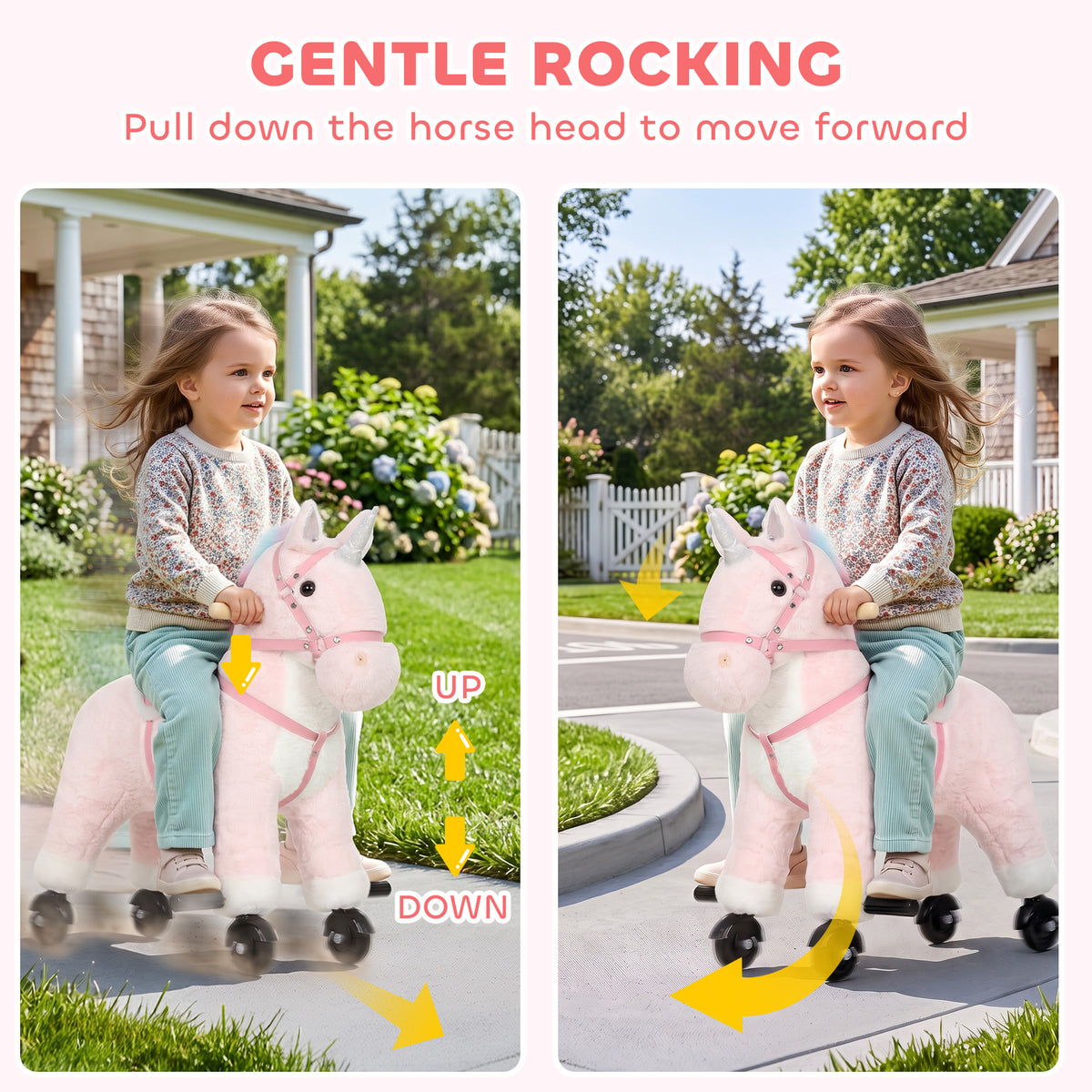 Ride on Horse for Kids 2-5 Years, 22 Inch Height Plush Ride On Pony with Wheels and Sounds for Active Play, Pink