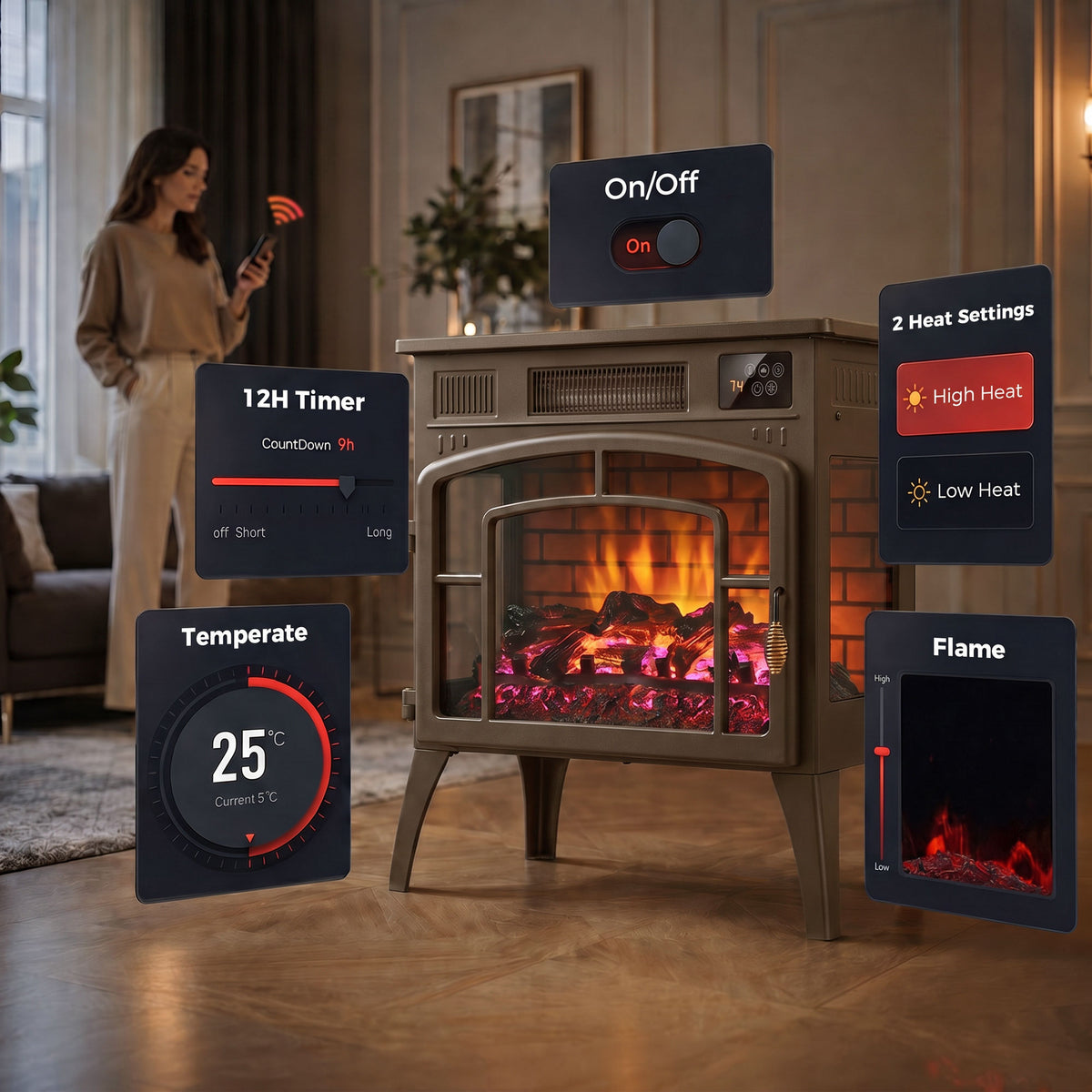 3-Sided Glass WiFi Electric Fire Heater, Smart Electric Fireplace Stove, Brown