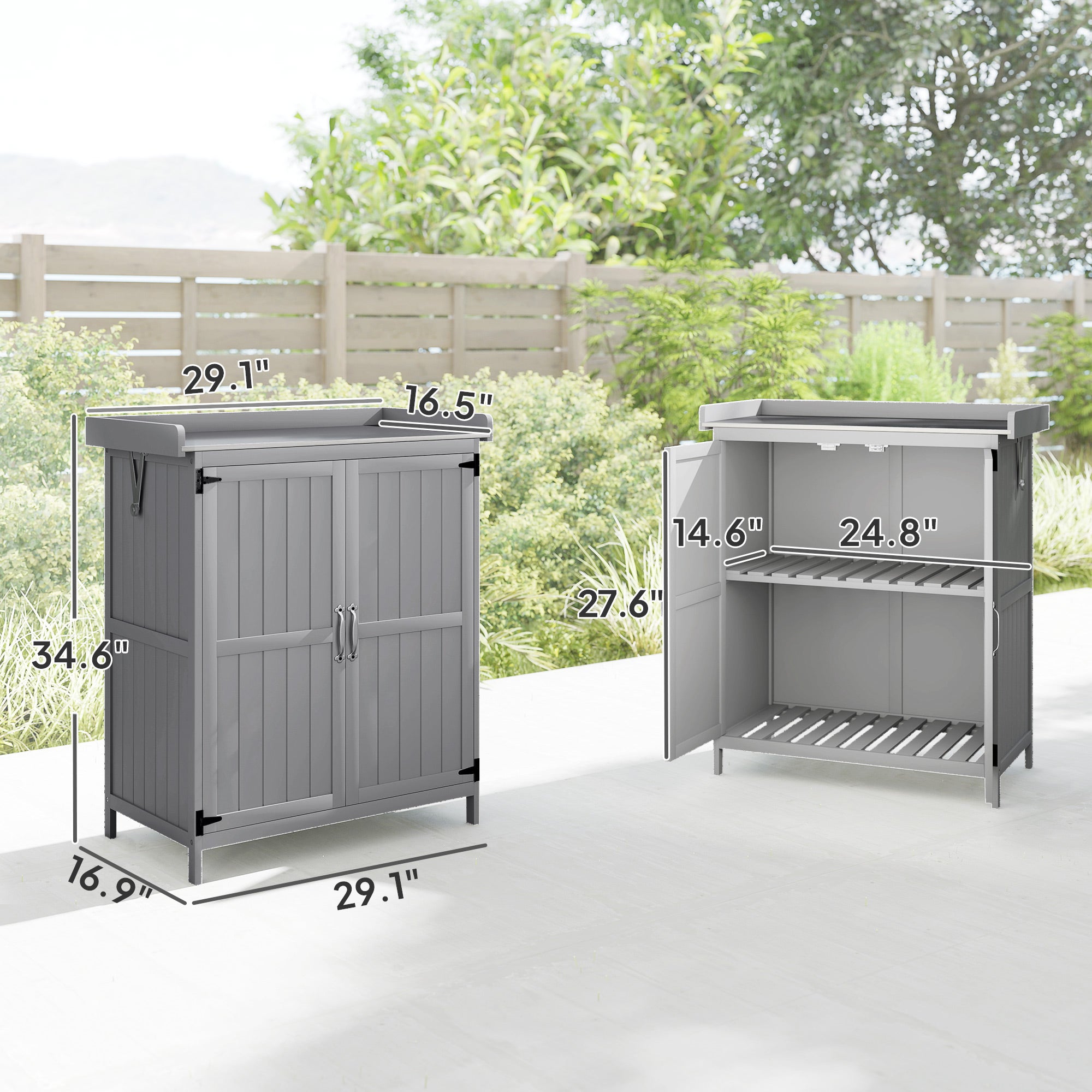 Outdoor Storage Cabinet, Garden Tool Shed with Metal Tabletop and Shelf, Wooden Potting Bench with 2 Doors, Gray - Gray - Image 3