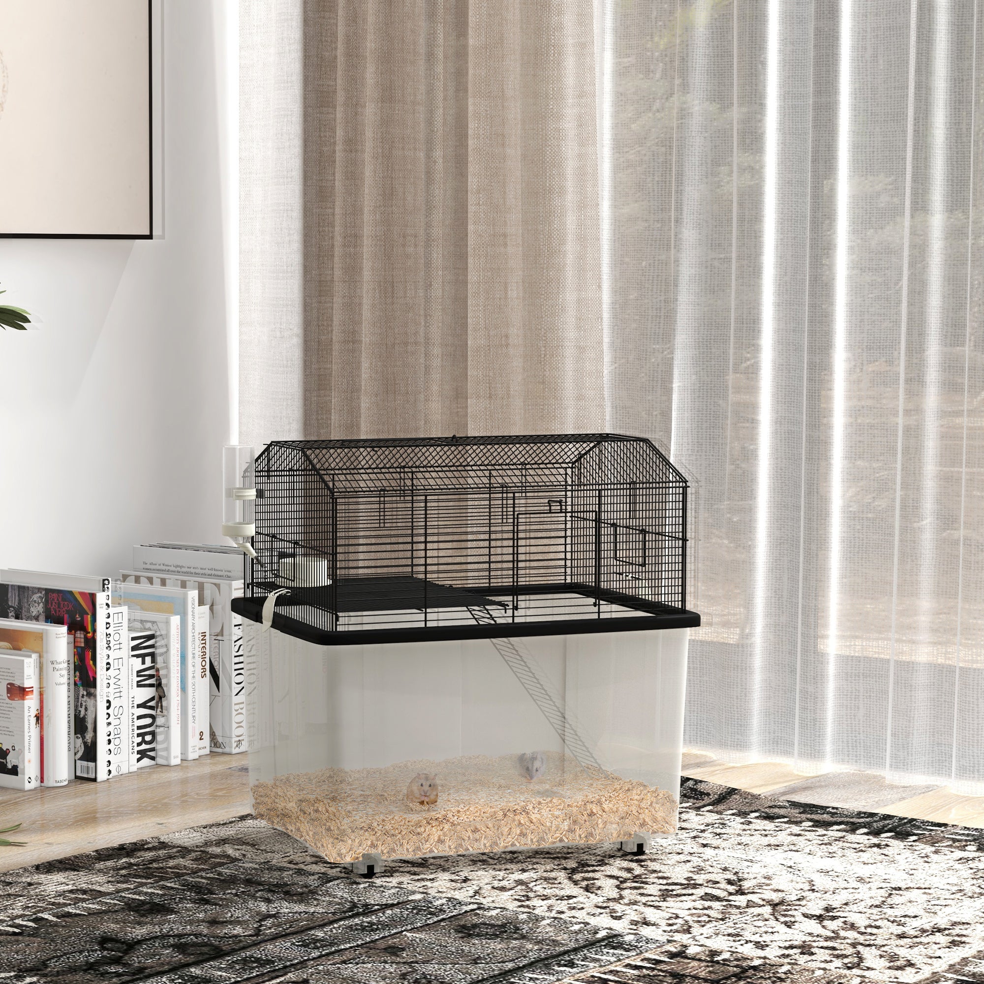 22" 2-Tier Hamster Cage with Extra-Deep 14" Base, Small Animal Cage with Ramp, Water Bottle, Food Dish, Wheels, Black - Black - Image 2